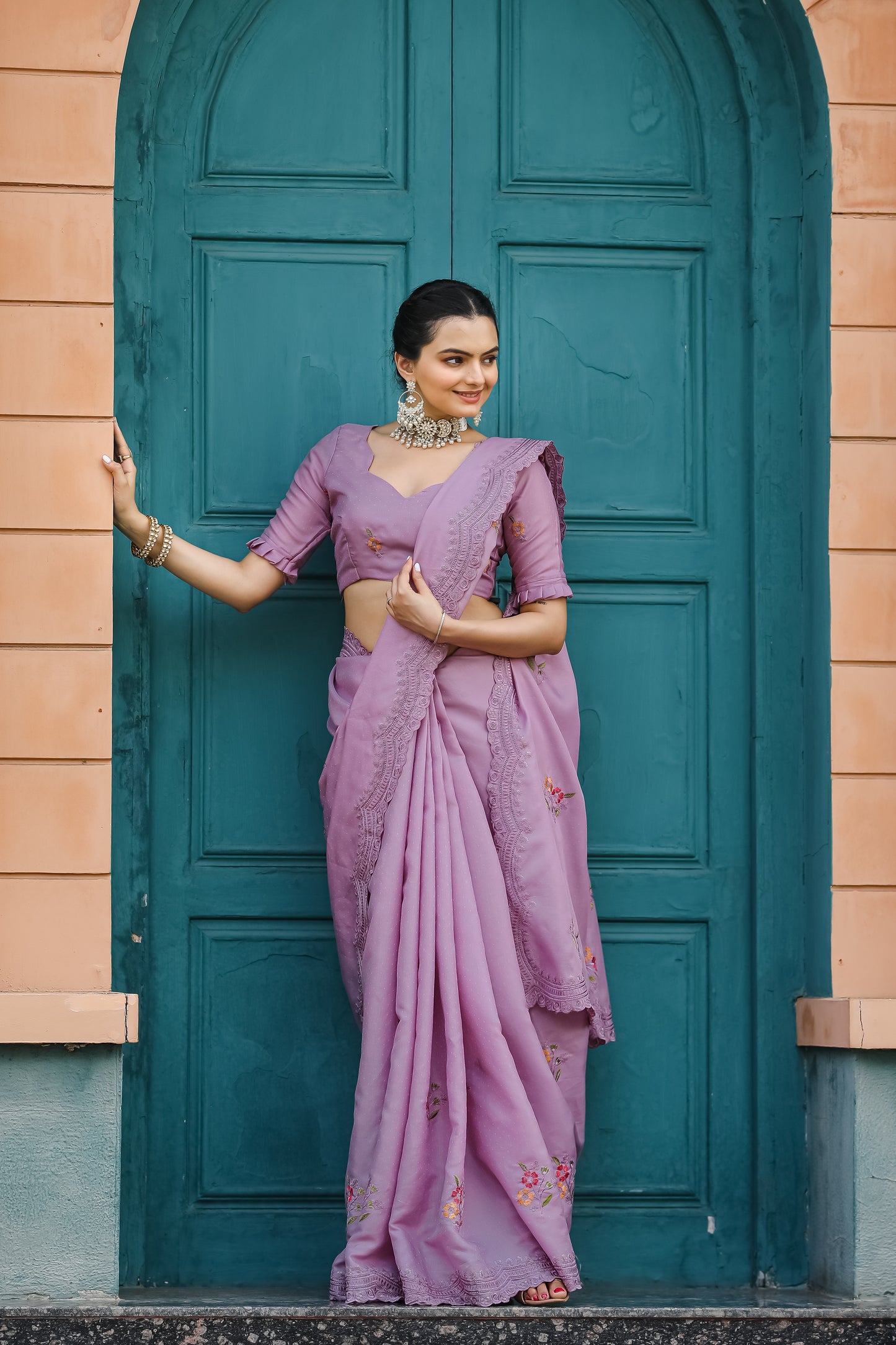 Luxuriant Lavender Color Embroidery Cutwork Saree