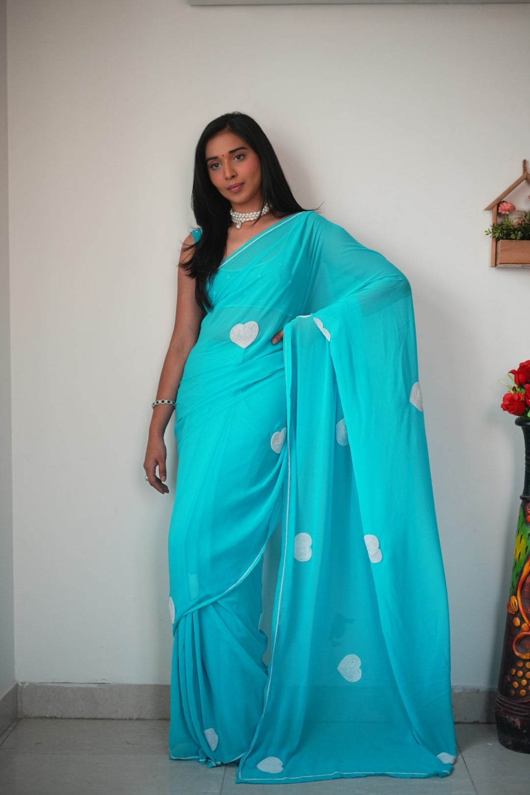 Sky Blue Color Heart Design Ready To Wear Saree