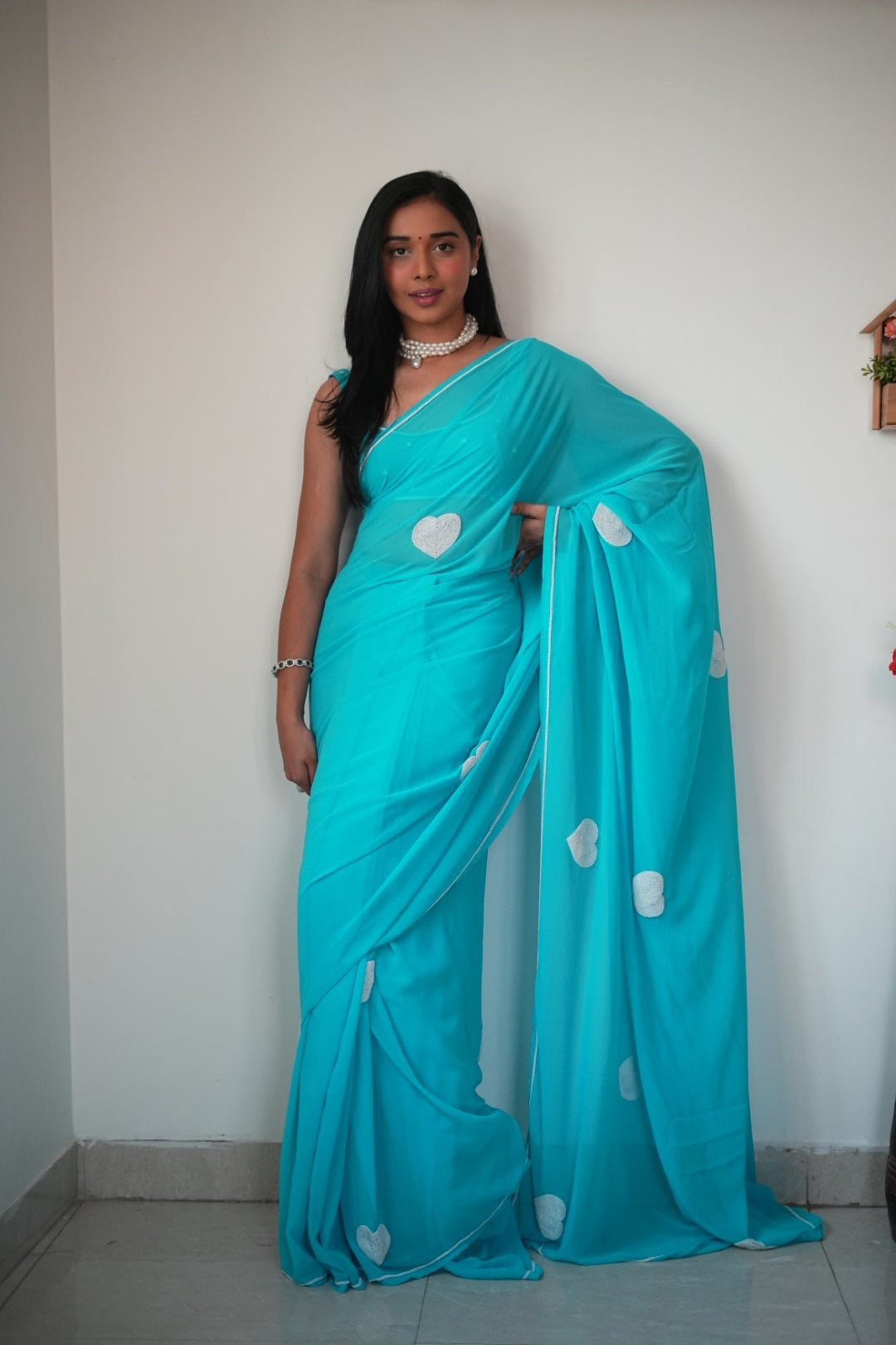 Sky Blue Color Heart Design Ready To Wear Saree