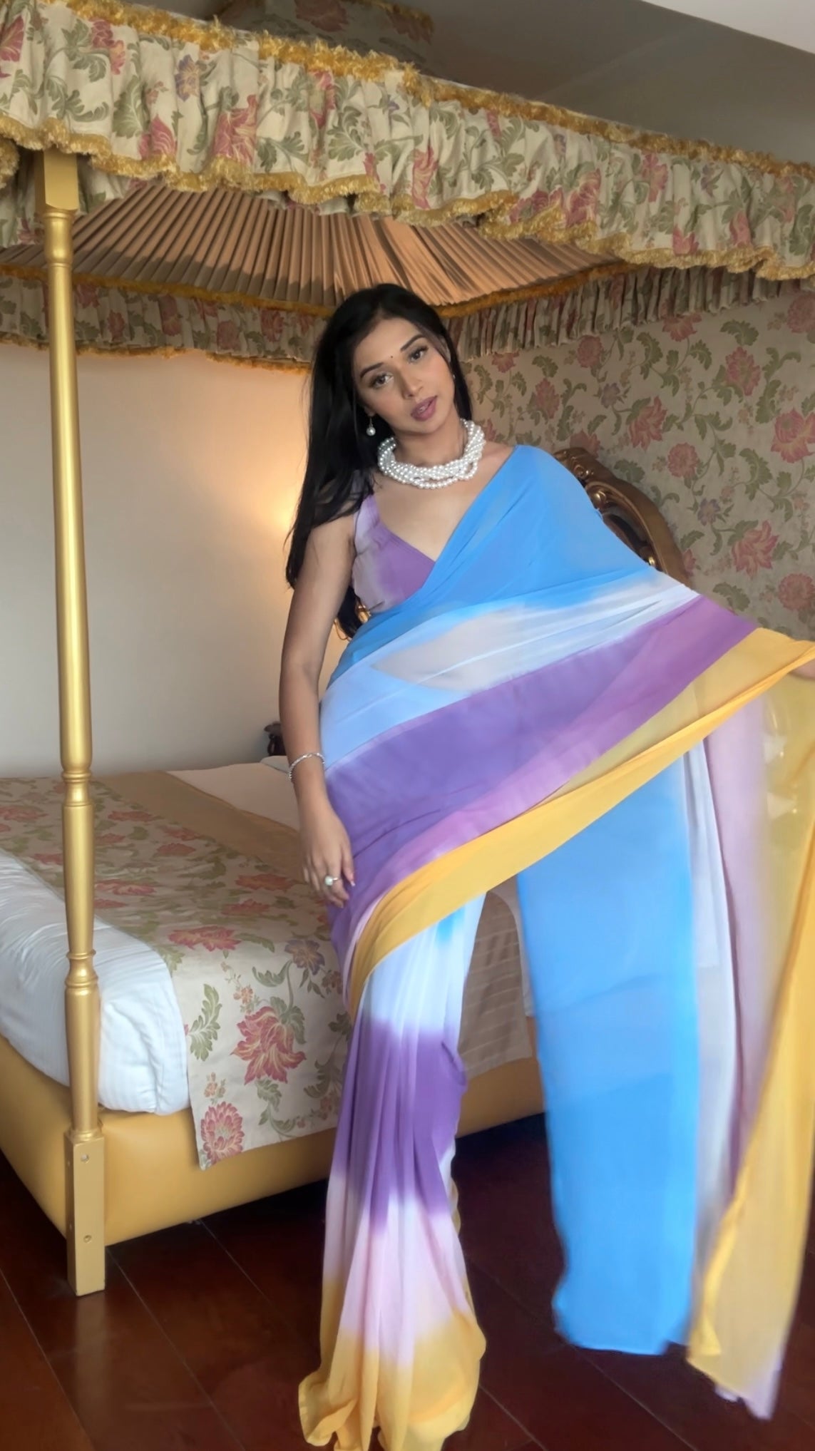 Double Tone Sky Blue and Purple Ready To Wear Saree