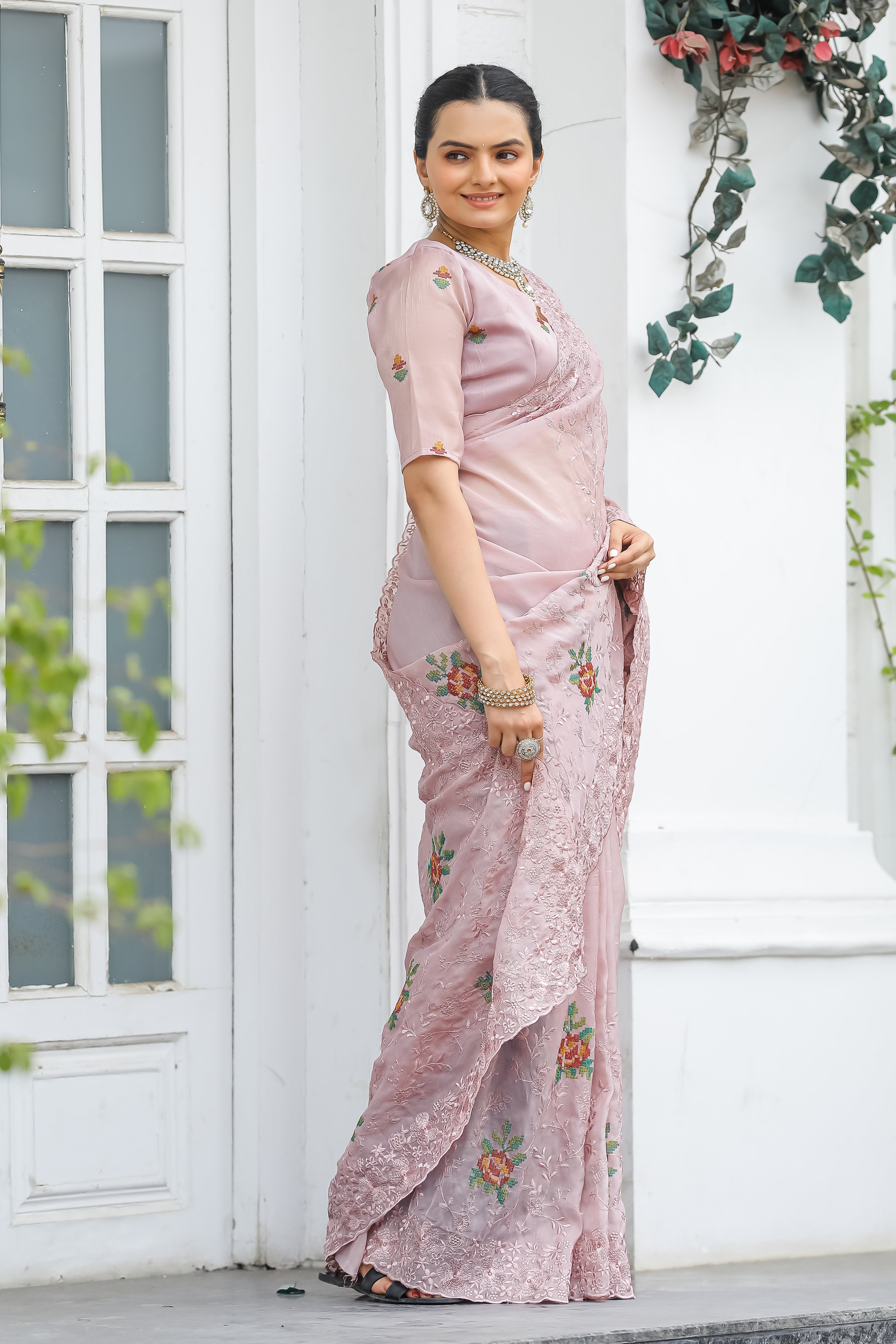 Beautiful All Over Work Chiffon Peach Color Saree