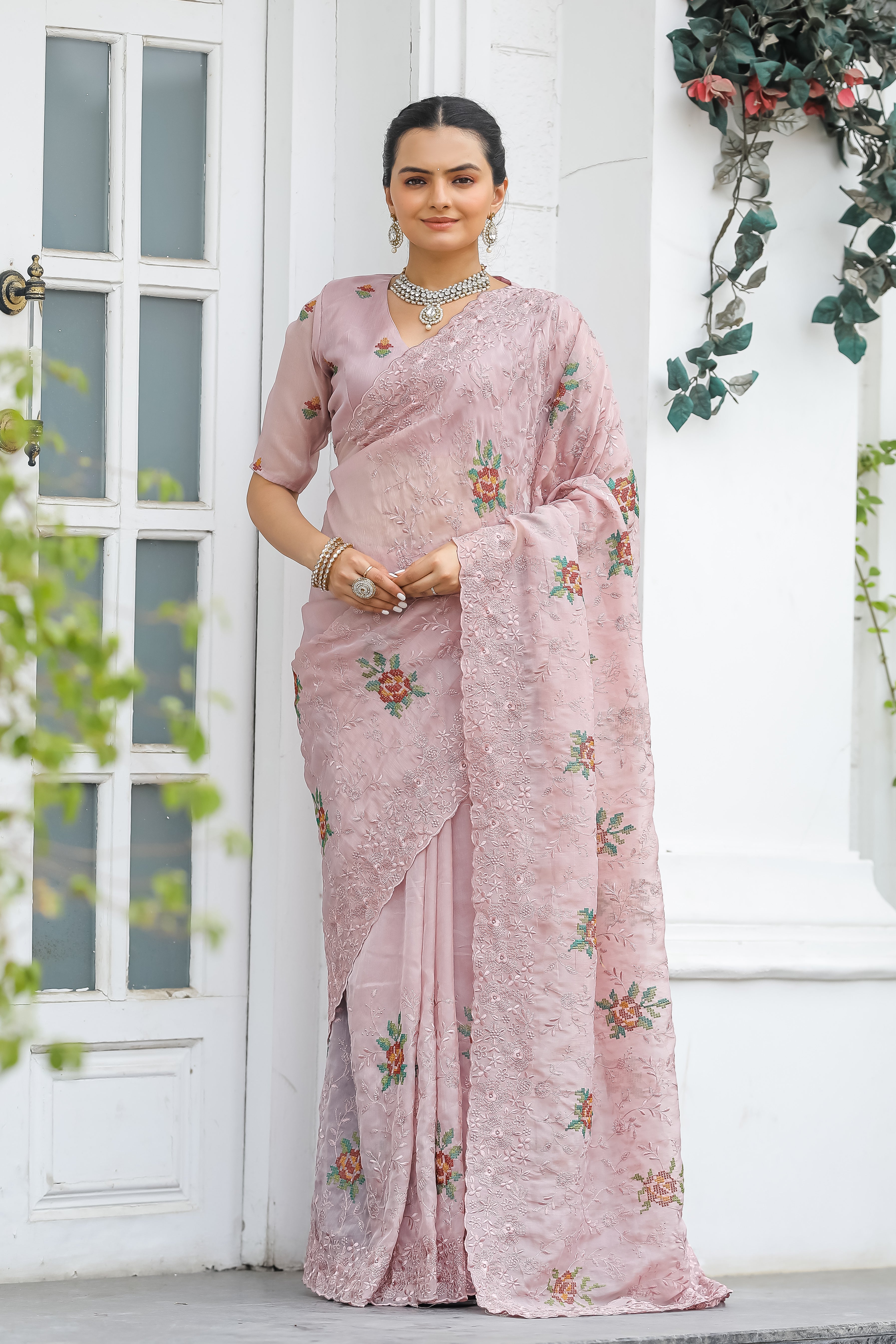 Beautiful All Over Work Chiffon Peach Color Saree