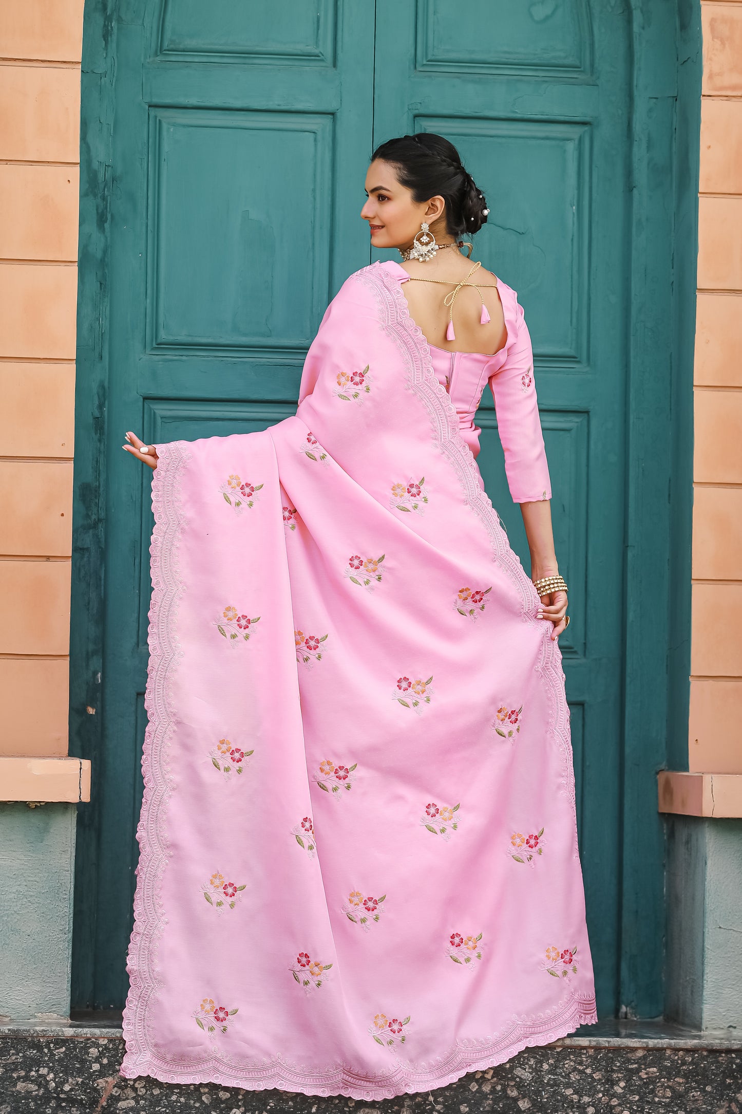 Luxuriant Light Pink Color Embroidery Cutwork Saree