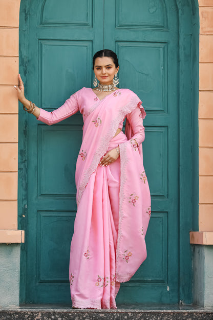 Luxuriant Light Pink Color Embroidery Cutwork Saree