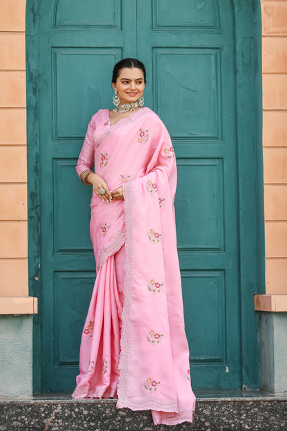 Luxuriant Light Pink Color Embroidery Cutwork Saree