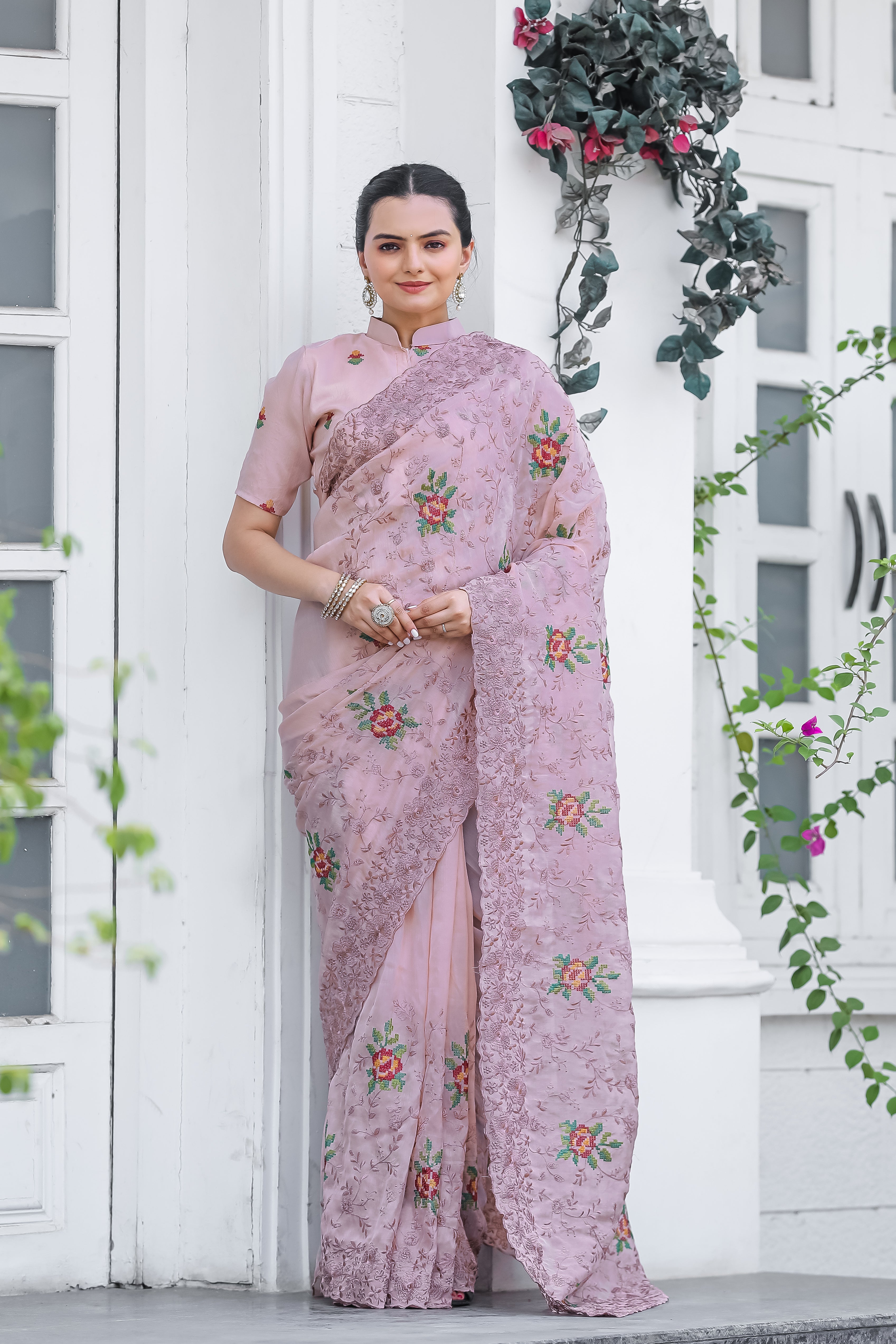 Beautiful All Over Work Chiffon Pink Color Saree