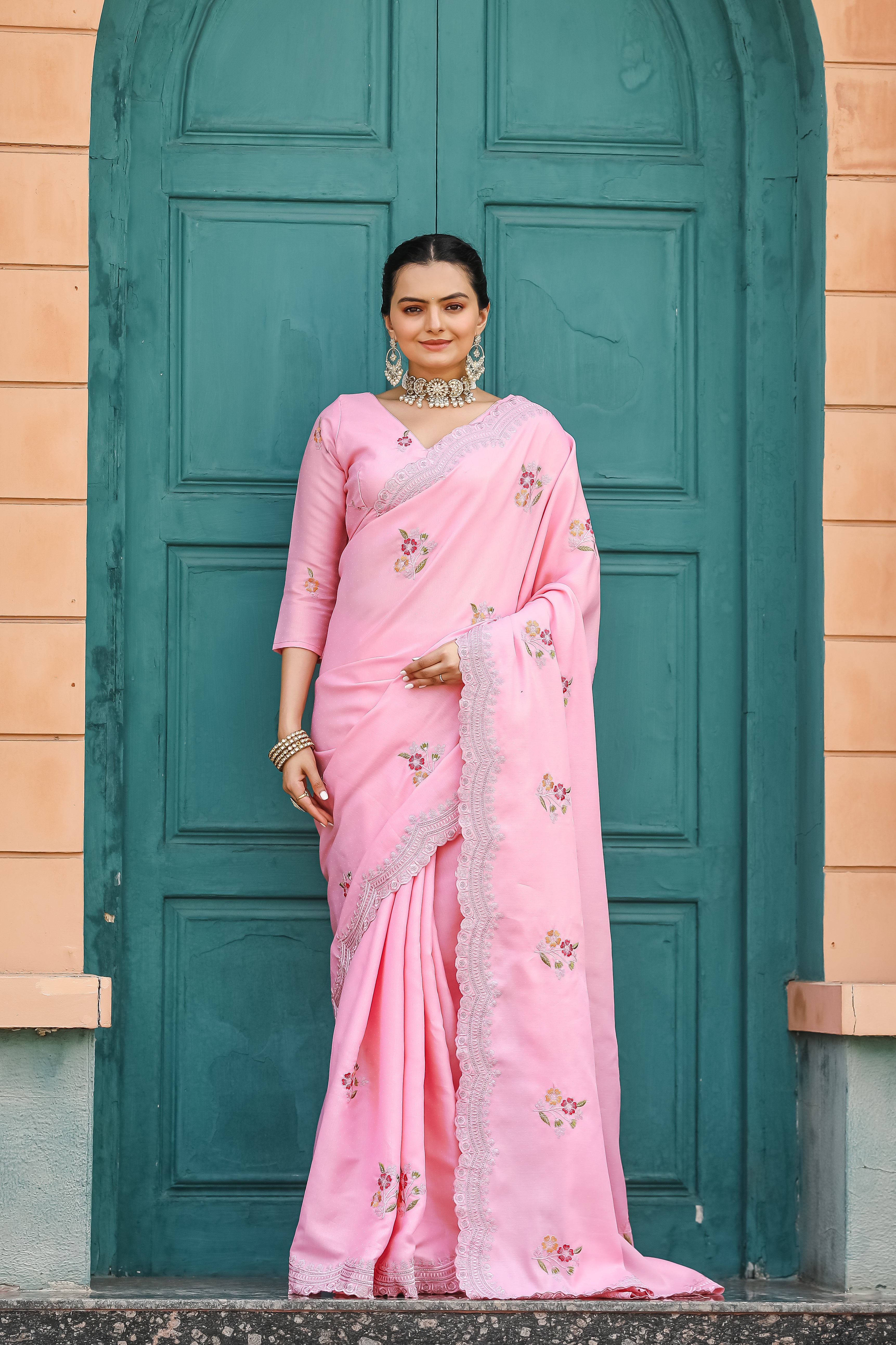 Luxuriant Light Pink Color Embroidery Cutwork Saree