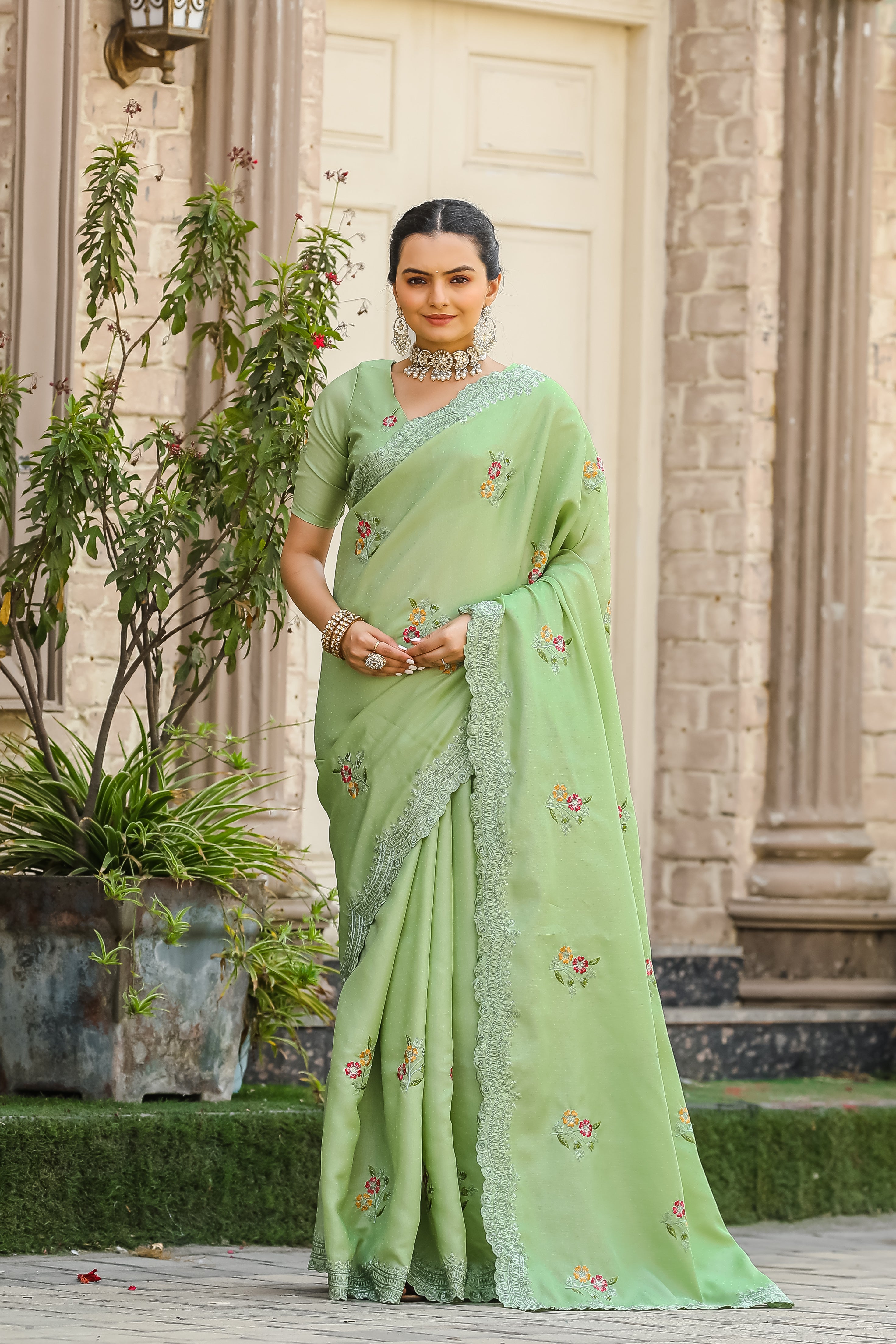 Luxuriant Pista Color Embroidery Cutwork Saree