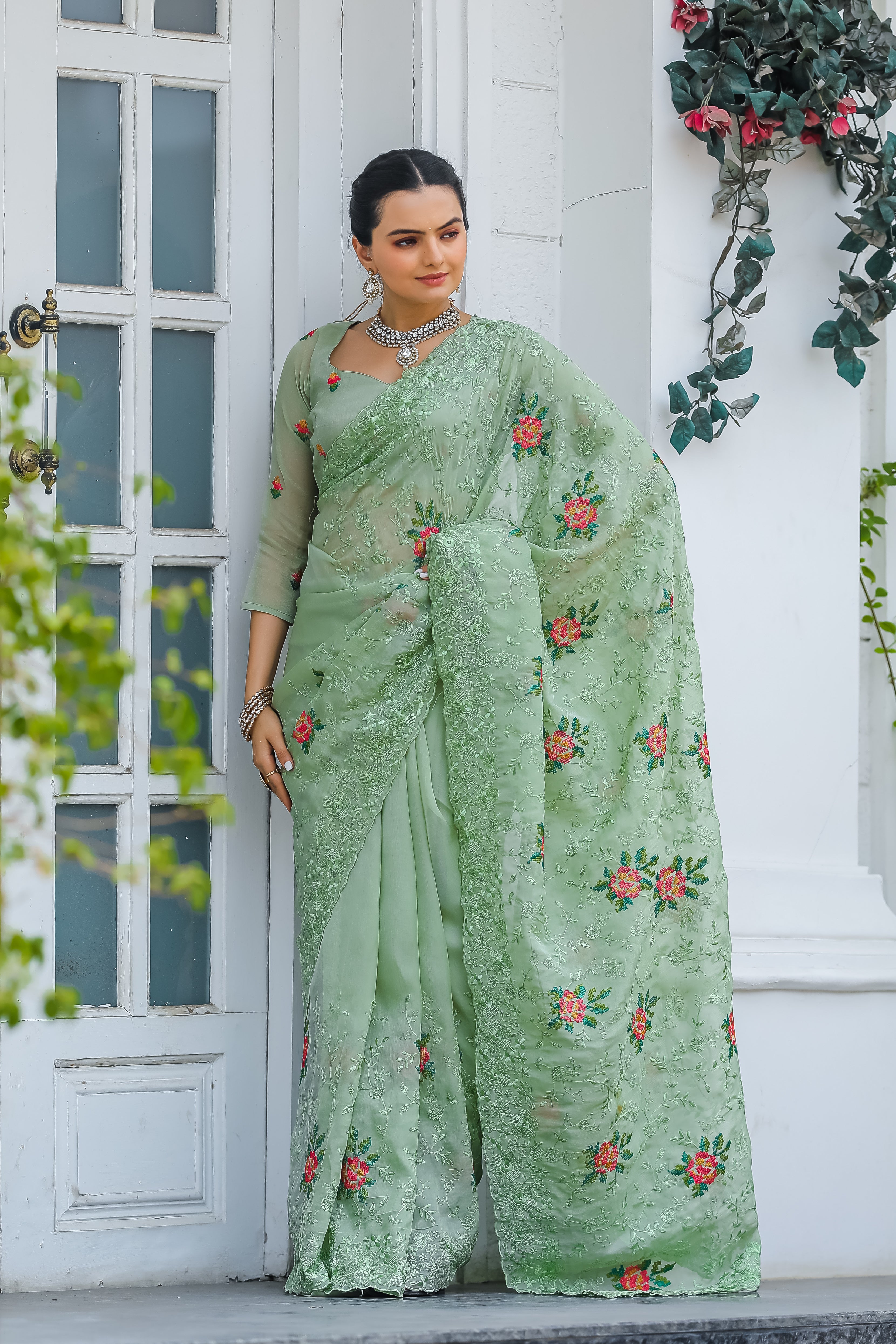 Beautiful All Over Work Chiffon Pista Color Saree