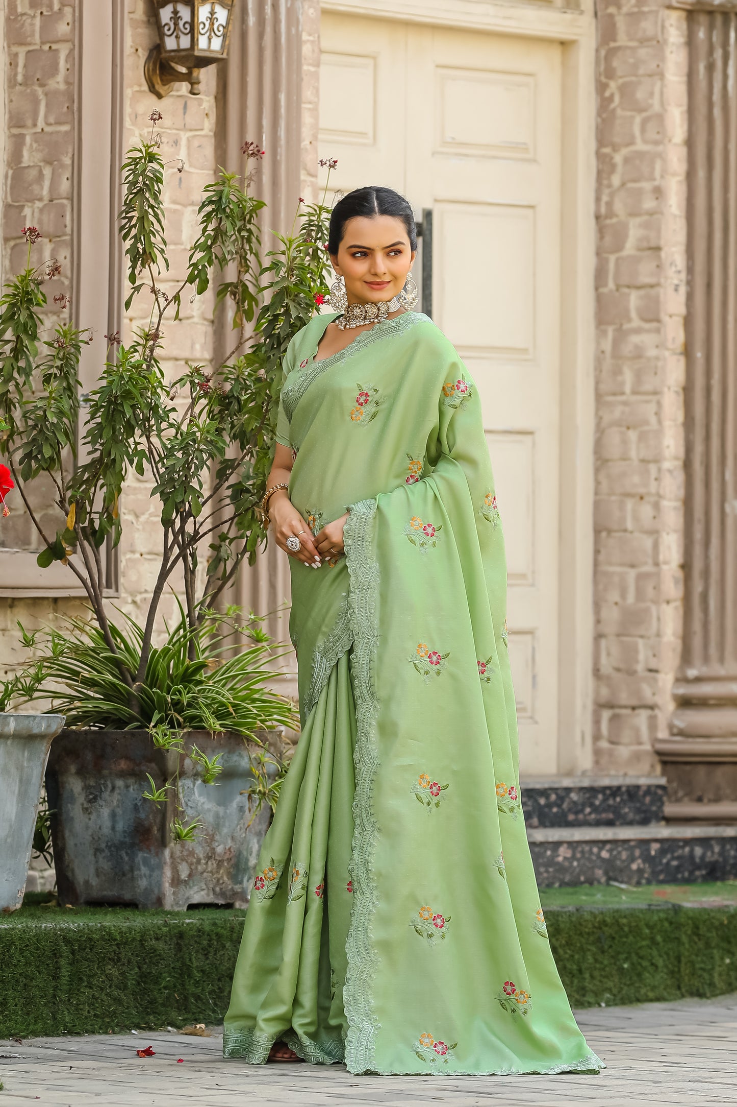 Luxuriant Pista Color Embroidery Cutwork Saree