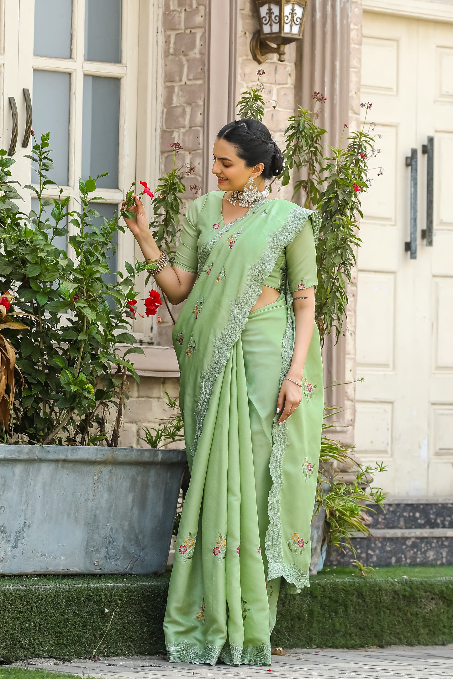 Luxuriant Pista Color Embroidery Cutwork Saree