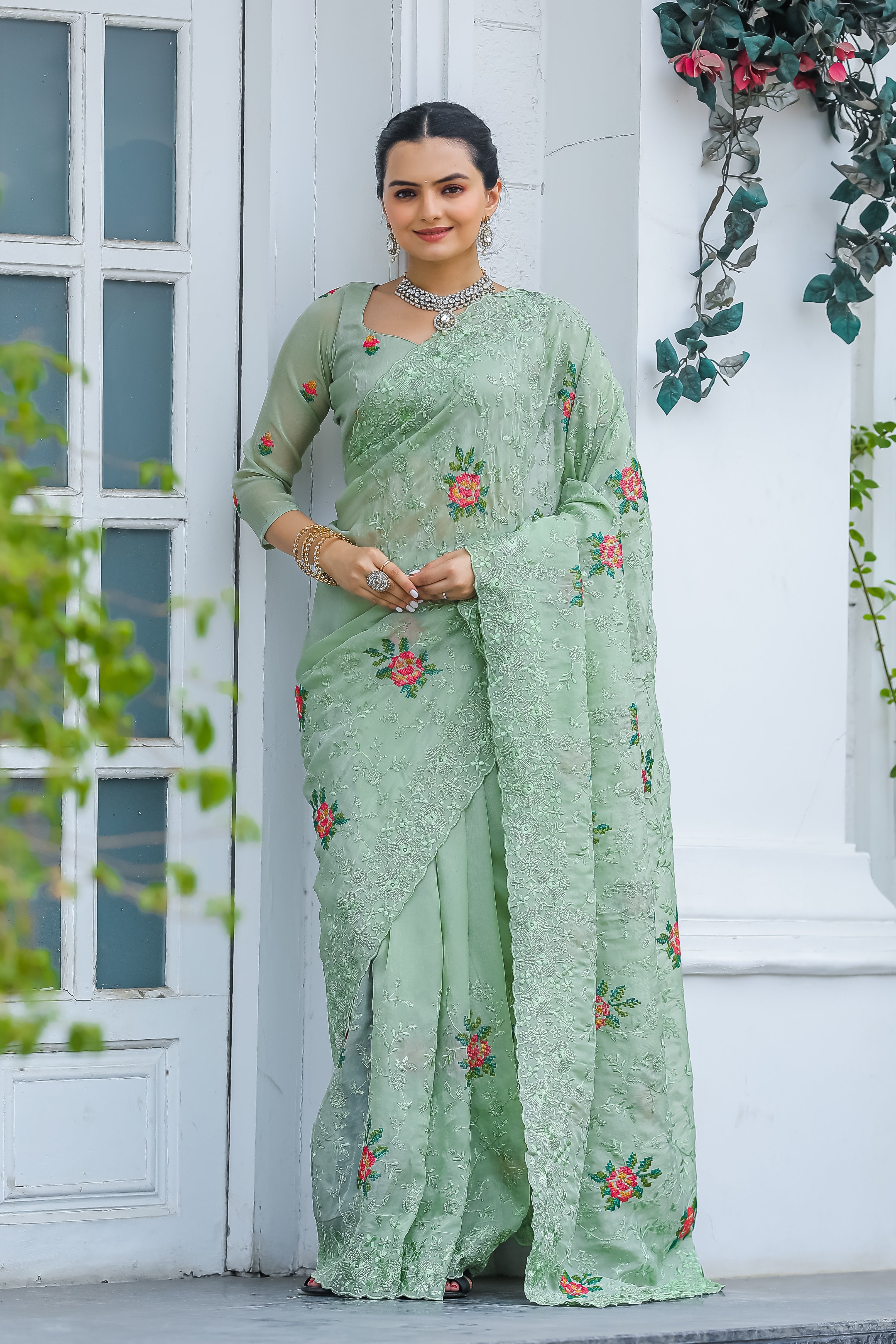 Beautiful All Over Work Chiffon Pista Color Saree