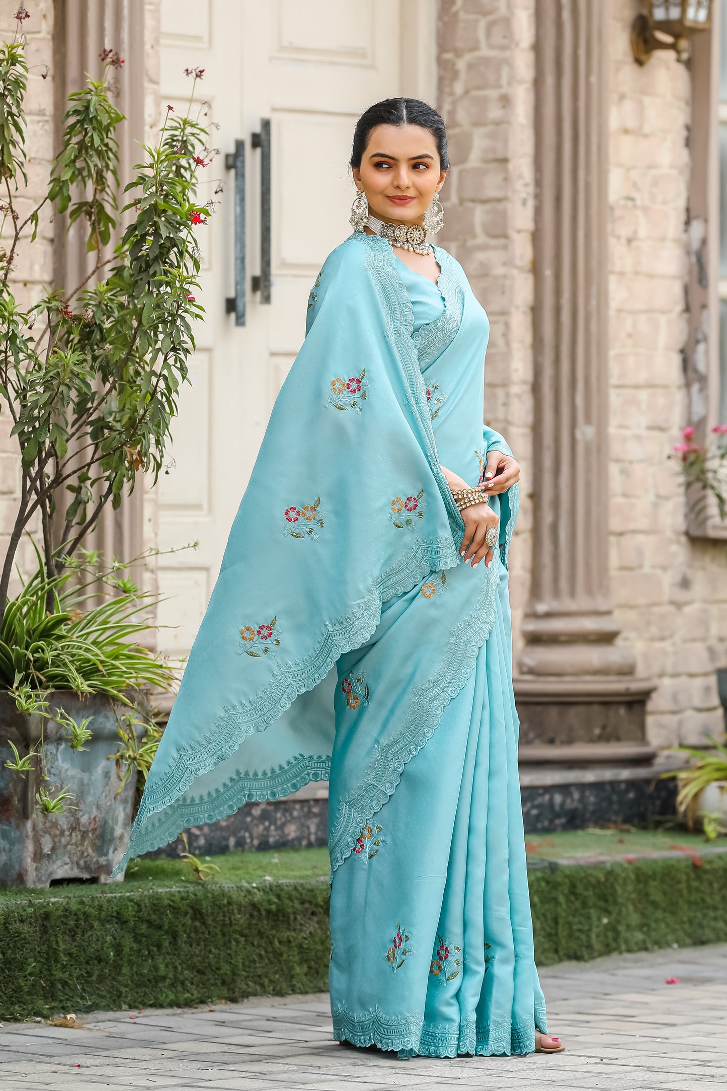 Luxuriant Sky Blue Color Embroidery Cutwork Saree