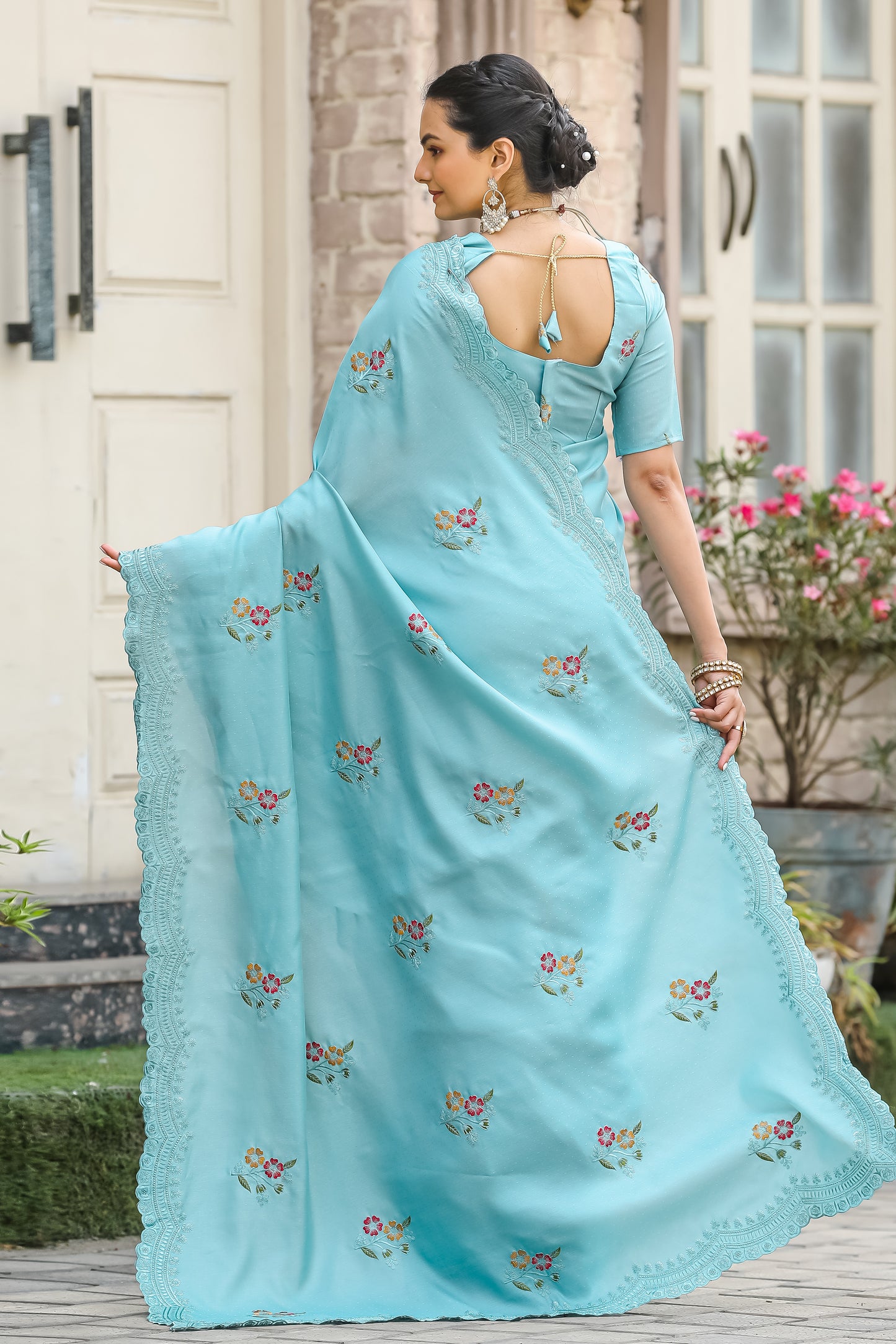 Luxuriant Sky Blue Color Embroidery Cutwork Saree