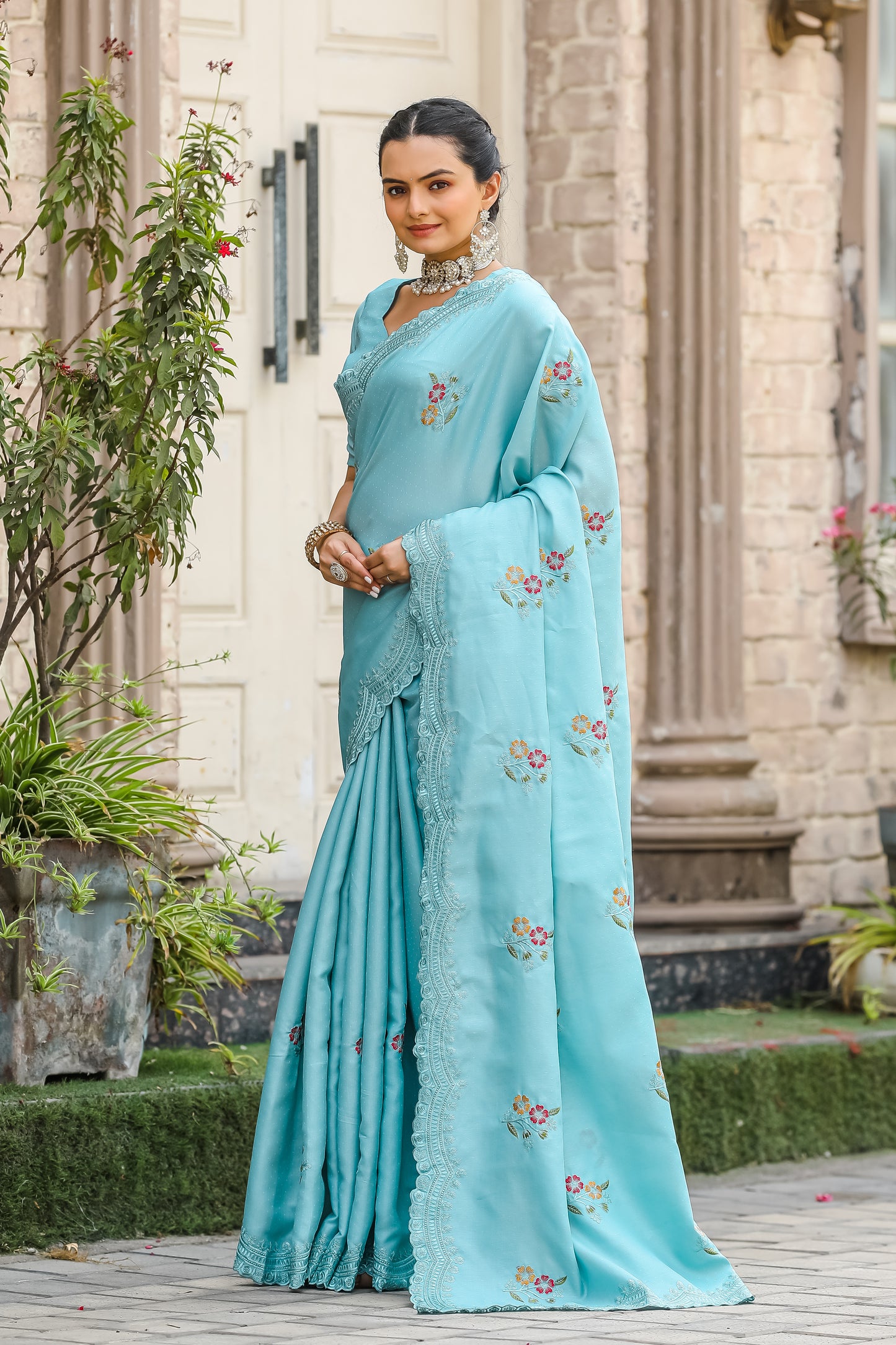 Luxuriant Sky Blue Color Embroidery Cutwork Saree