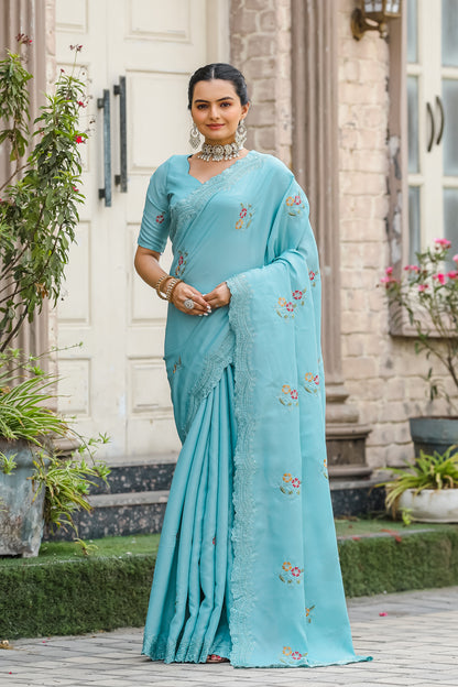 Luxuriant Sky Blue Color Embroidery Cutwork Saree