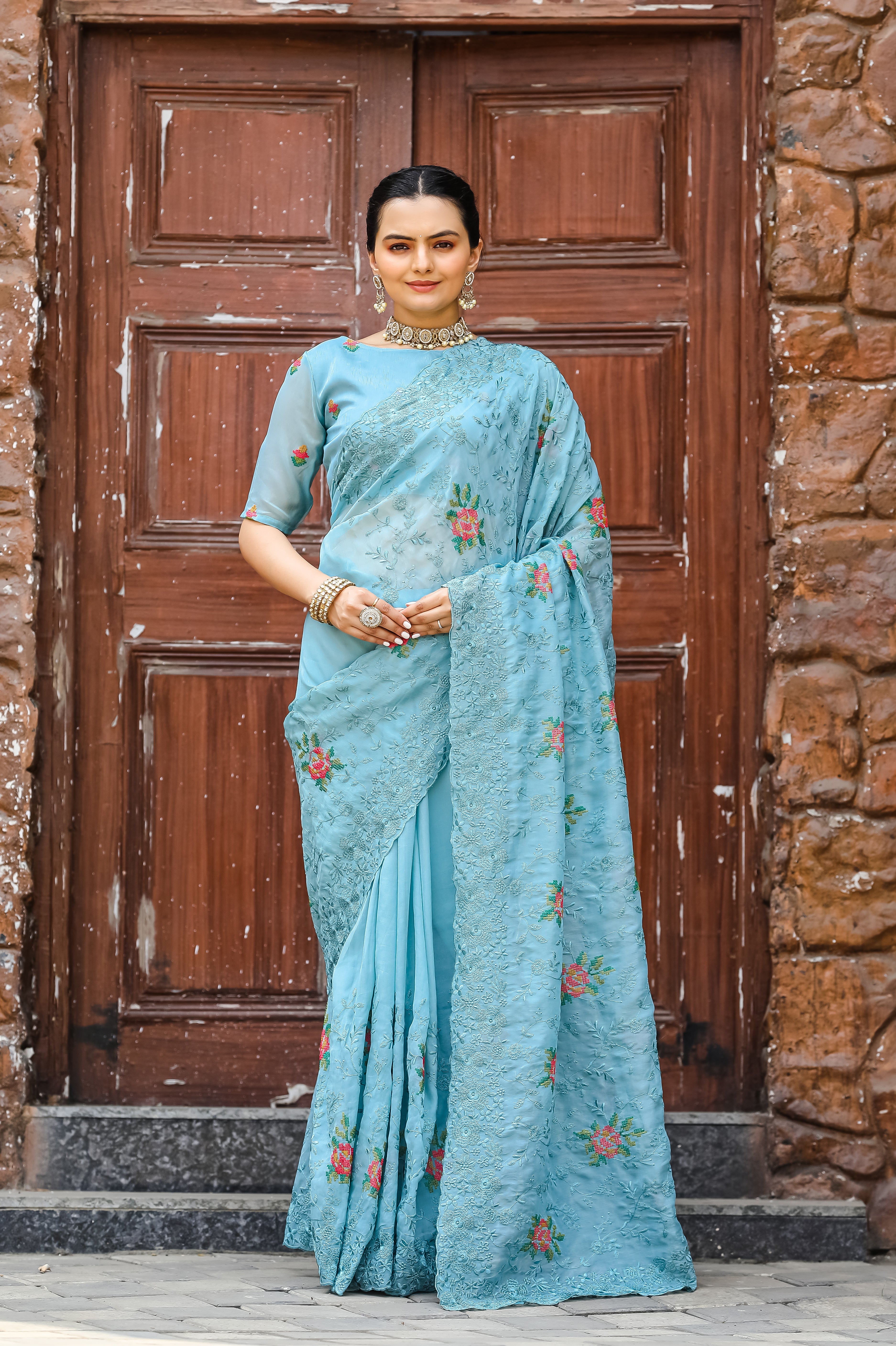 Beautiful All Over Work Chiffon Sky Blue Color Saree