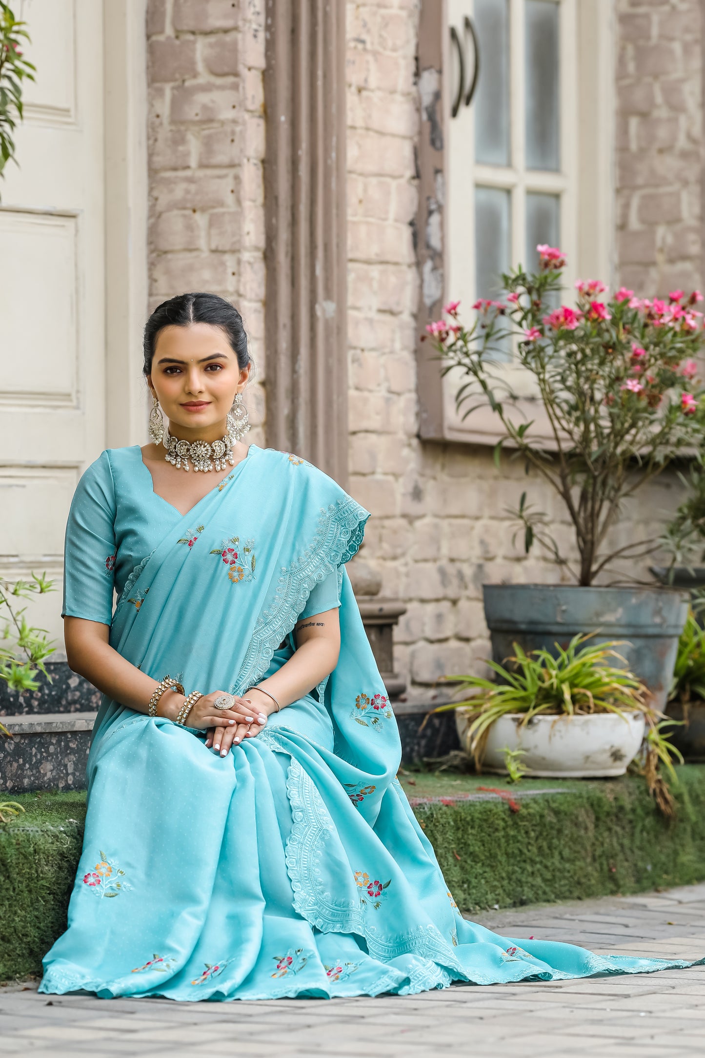 Luxuriant Sky Blue Color Embroidery Cutwork Saree