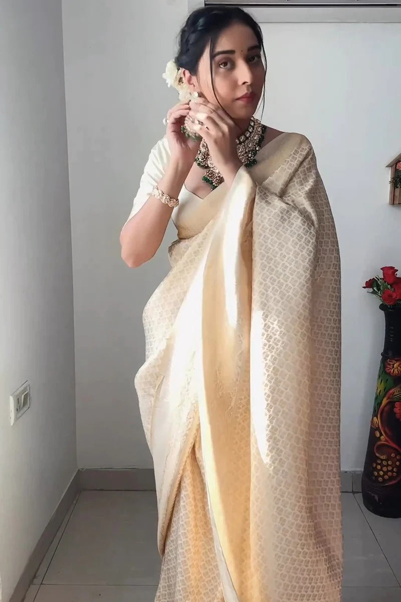 Festive Wear Jacquard Design Off White Ready To Wear Saree