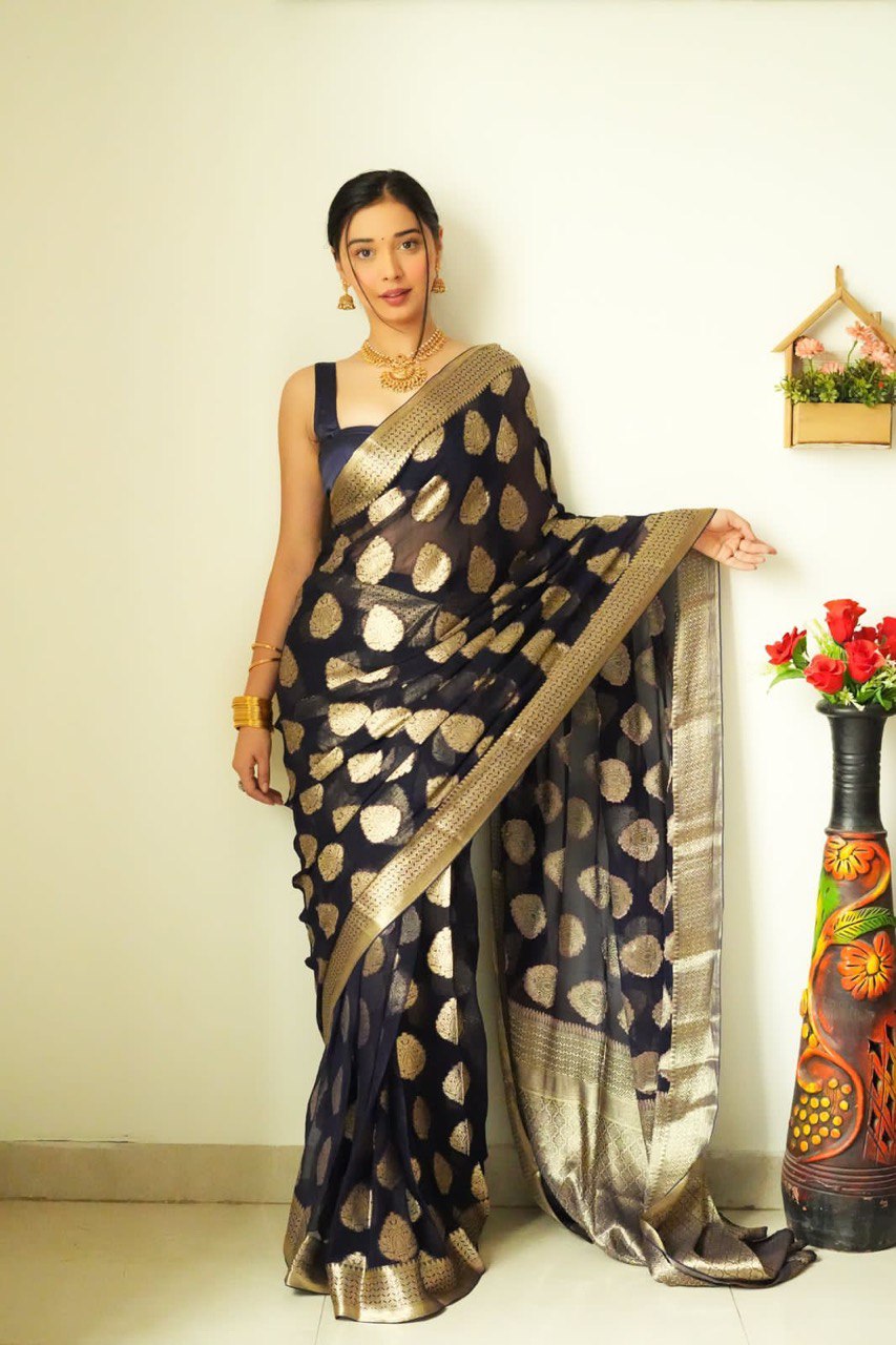 Golden Zari Work Black Color Ready To Wear Saree