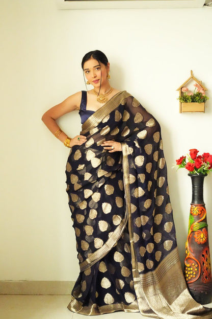 Golden Zari Work Black Color Ready To Wear Saree