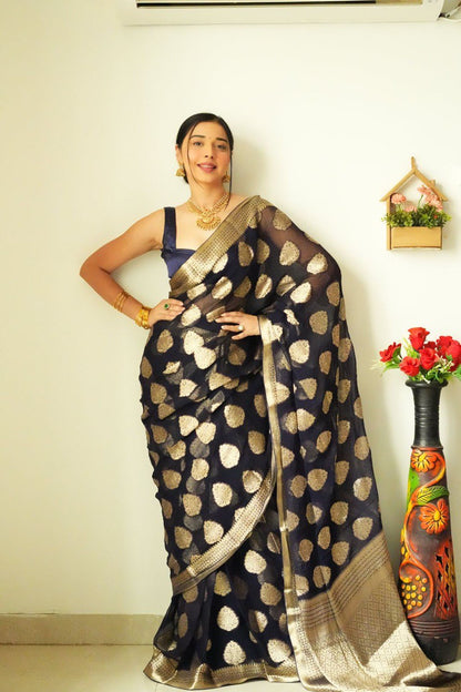 Golden Zari Work Black Color Ready To Wear Saree