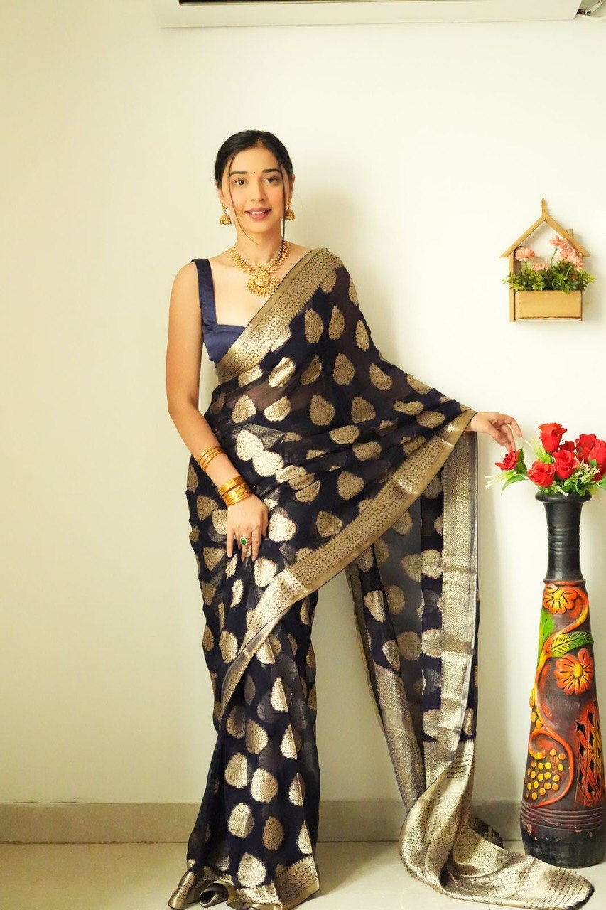 Golden Zari Work Black Color Ready To Wear Saree