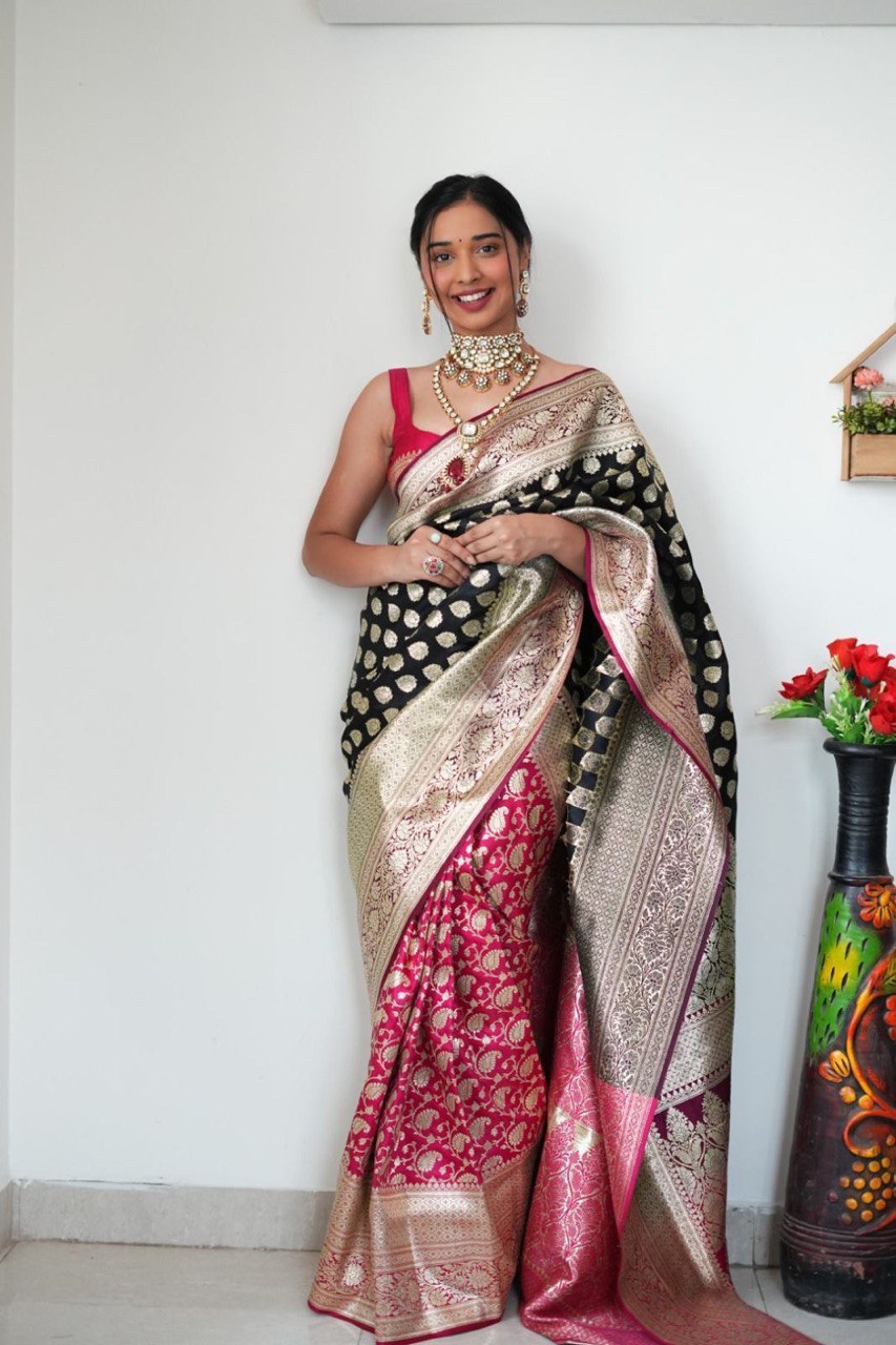 Black With Pink Banarasi Silk Ready To Wear Saree