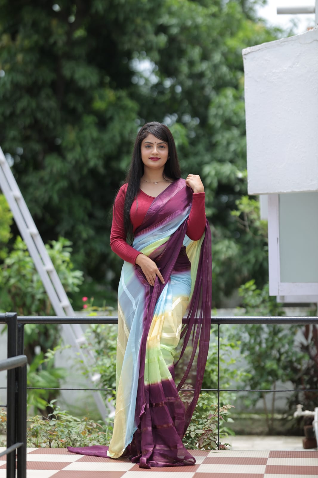 Stylish Shading Print Wine Color Ready To Wear Saree