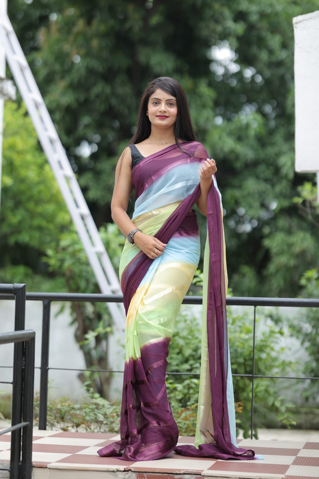 Stylish Shading Print Wine Color Ready To Wear Saree