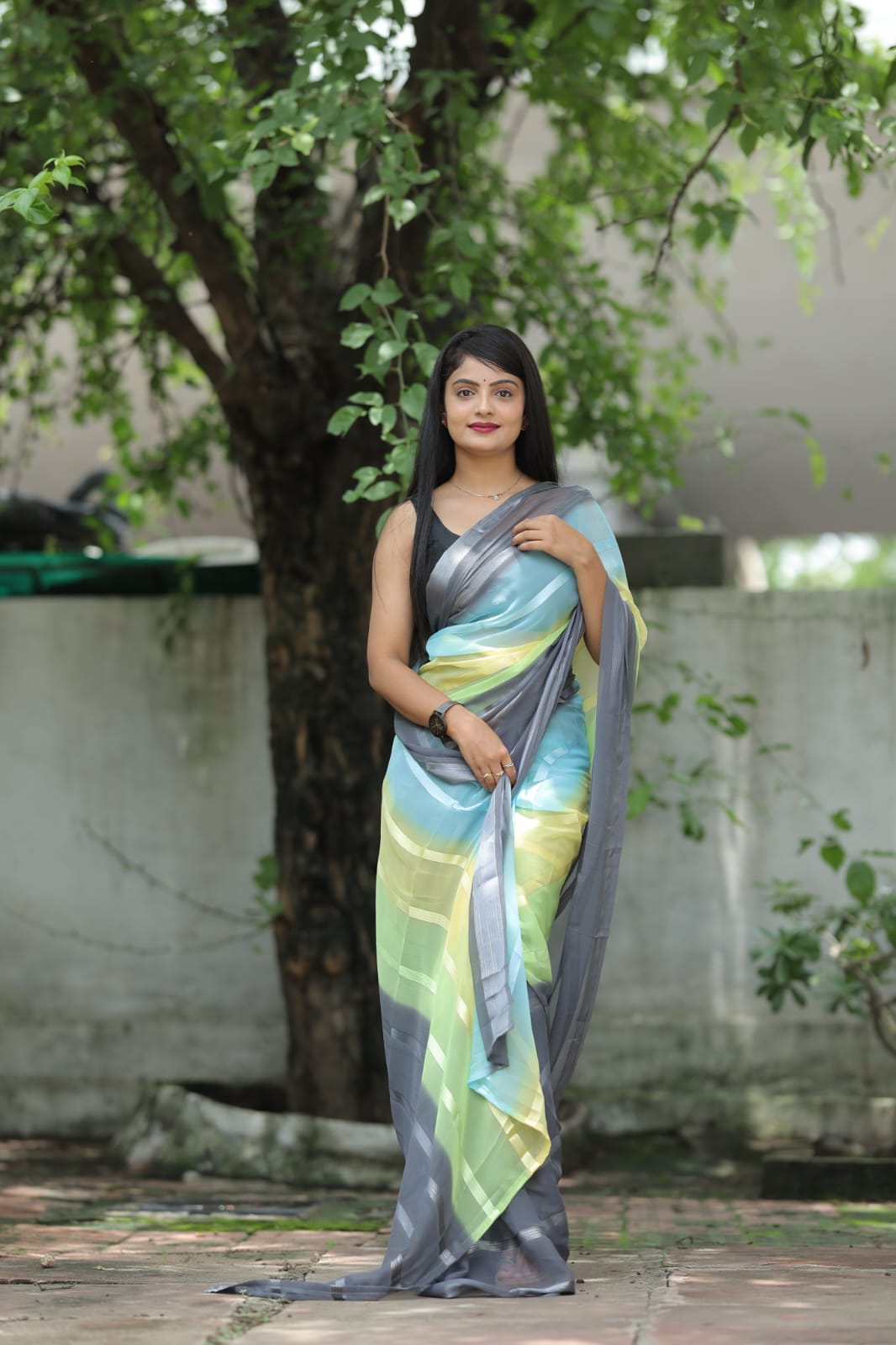 Stylish Shading Print Gray Color Ready To Wear Saree