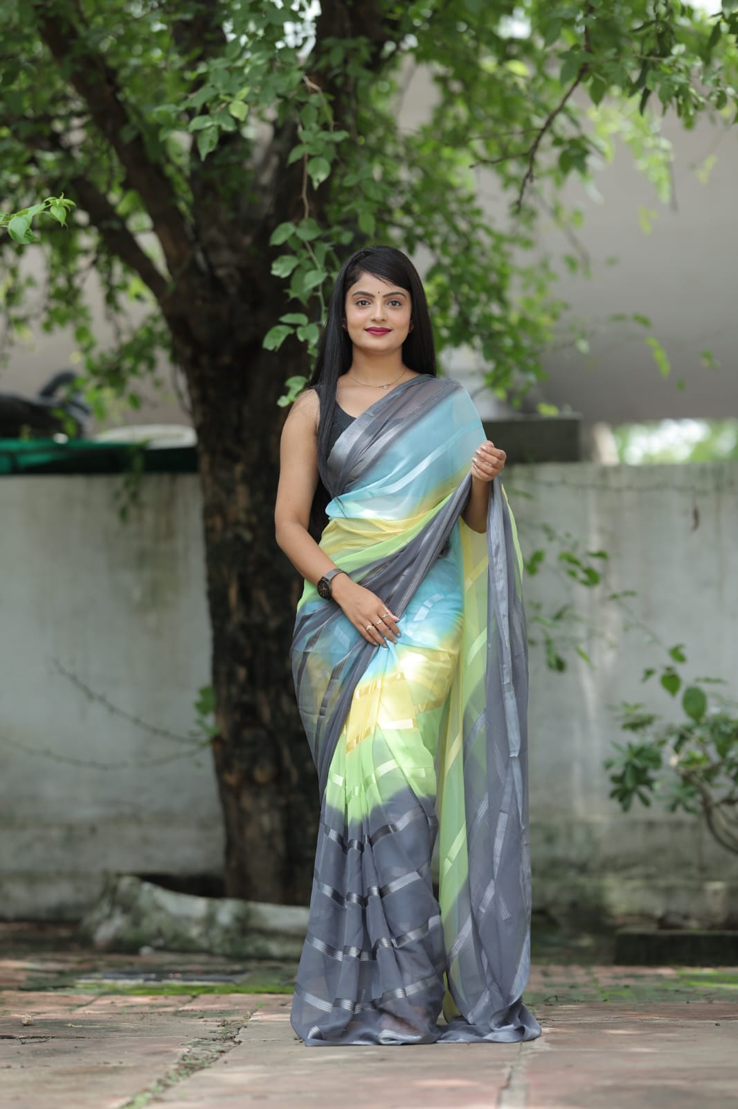 Stylish Shading Print Gray Color Ready To Wear Saree