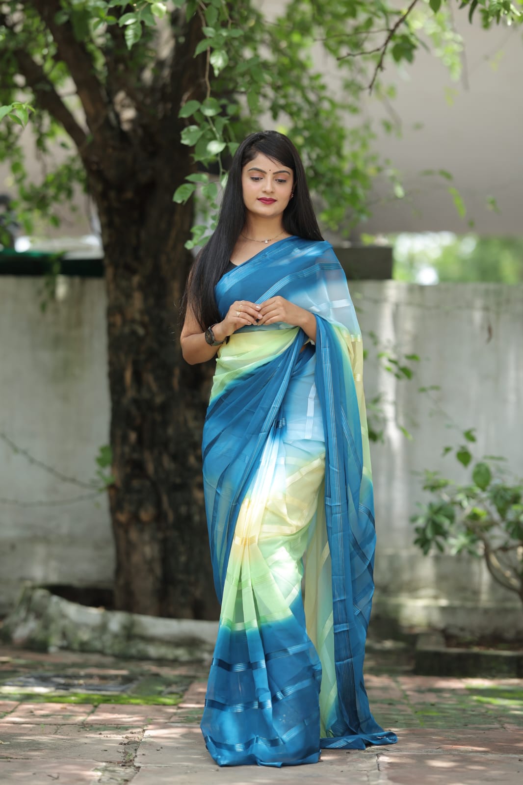 Stylish Shading Print Blue Color Ready To Wear Saree