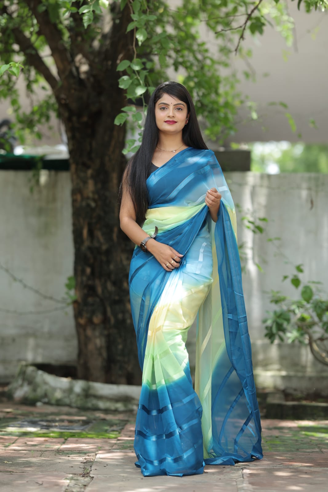 Stylish Shading Print Blue Color Ready To Wear Saree