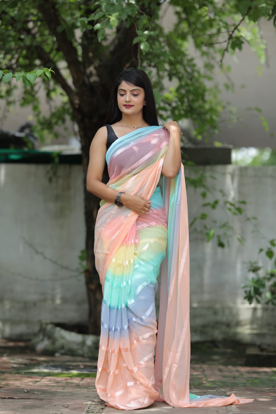 Stylish Shading Print Peach Color Ready To Wear Saree