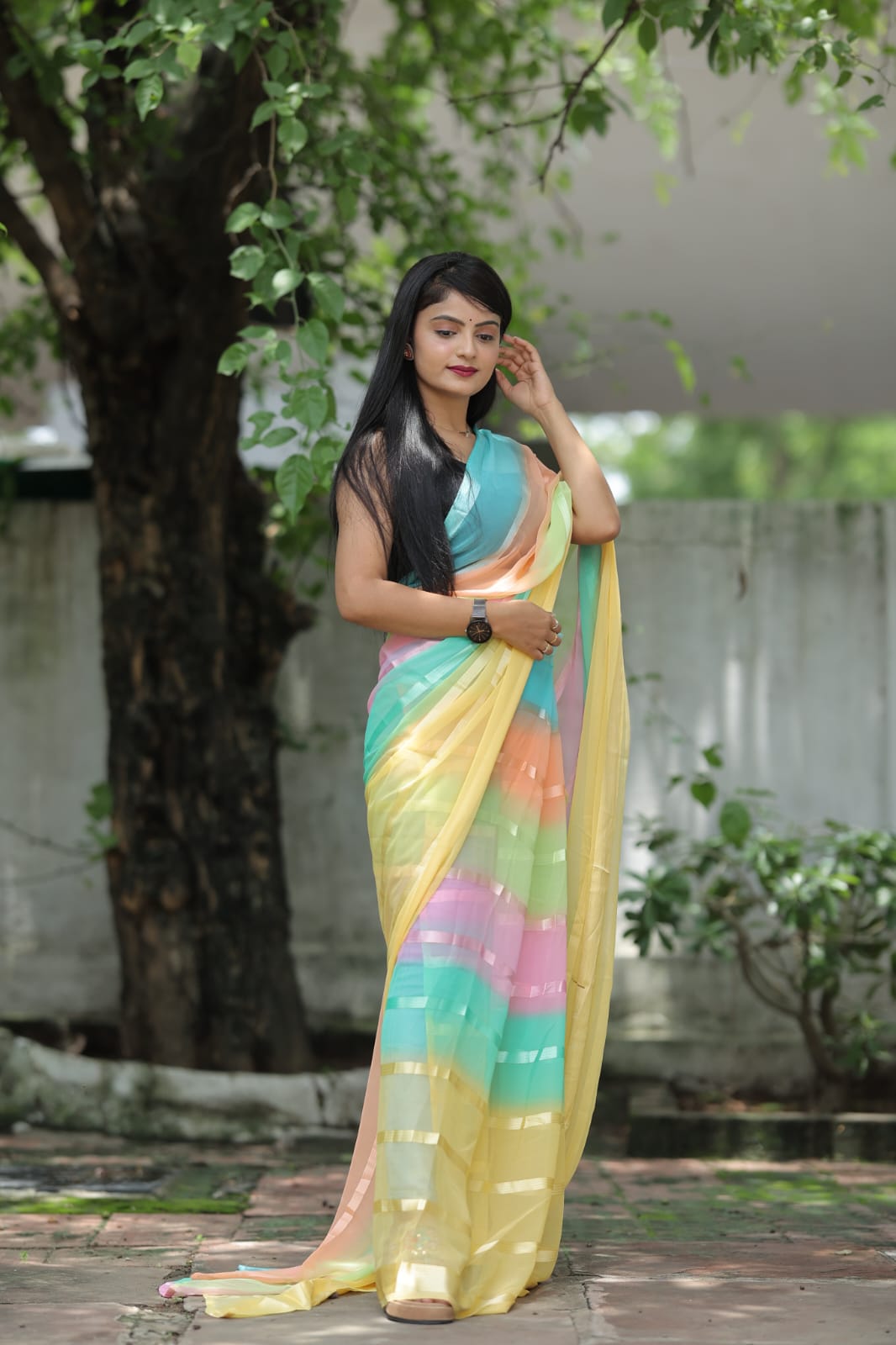 Stylish Shading Print Yellow Color Ready To Wear Saree