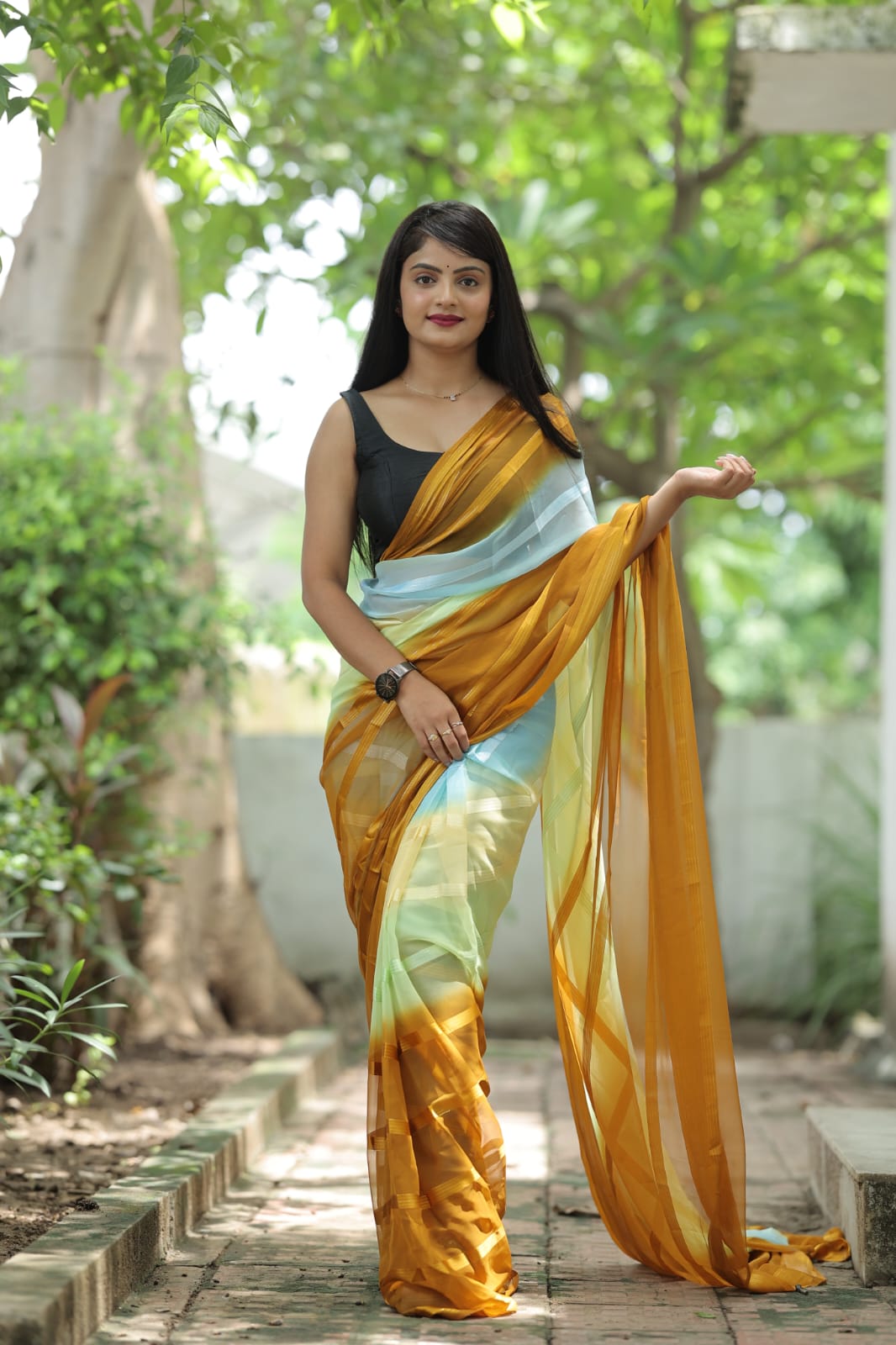 Stylish Shading Print Mustard Color Ready To Wear Saree