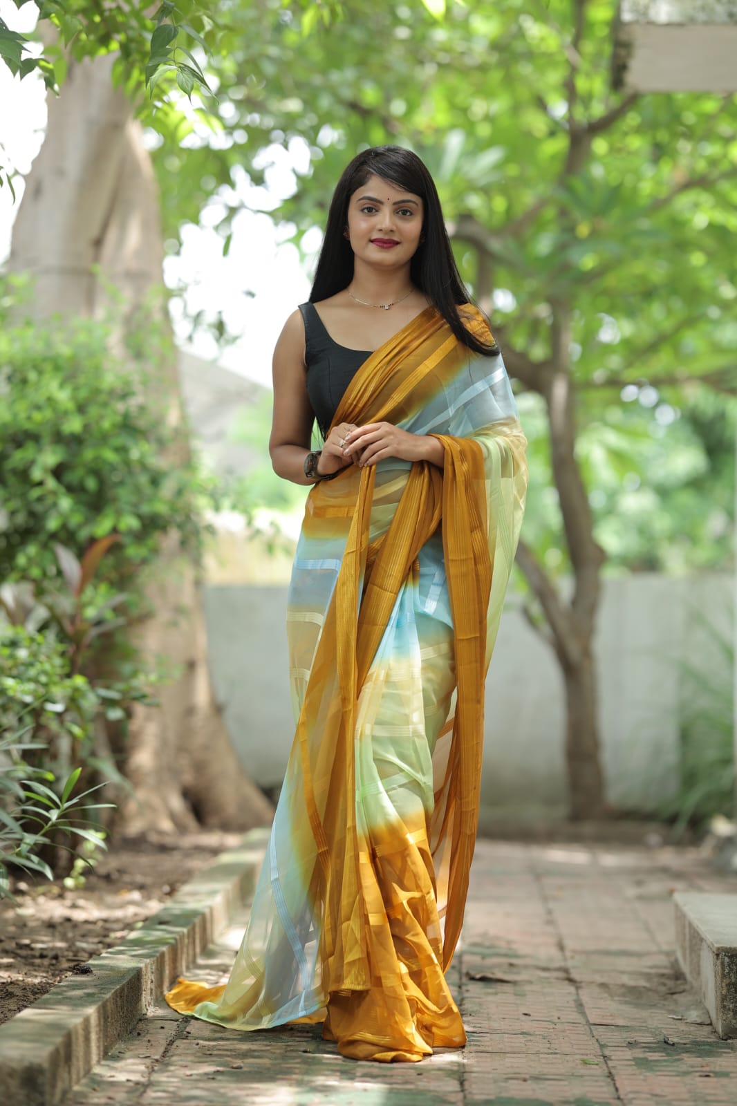 Stylish Shading Print Mustard Color Ready To Wear Saree