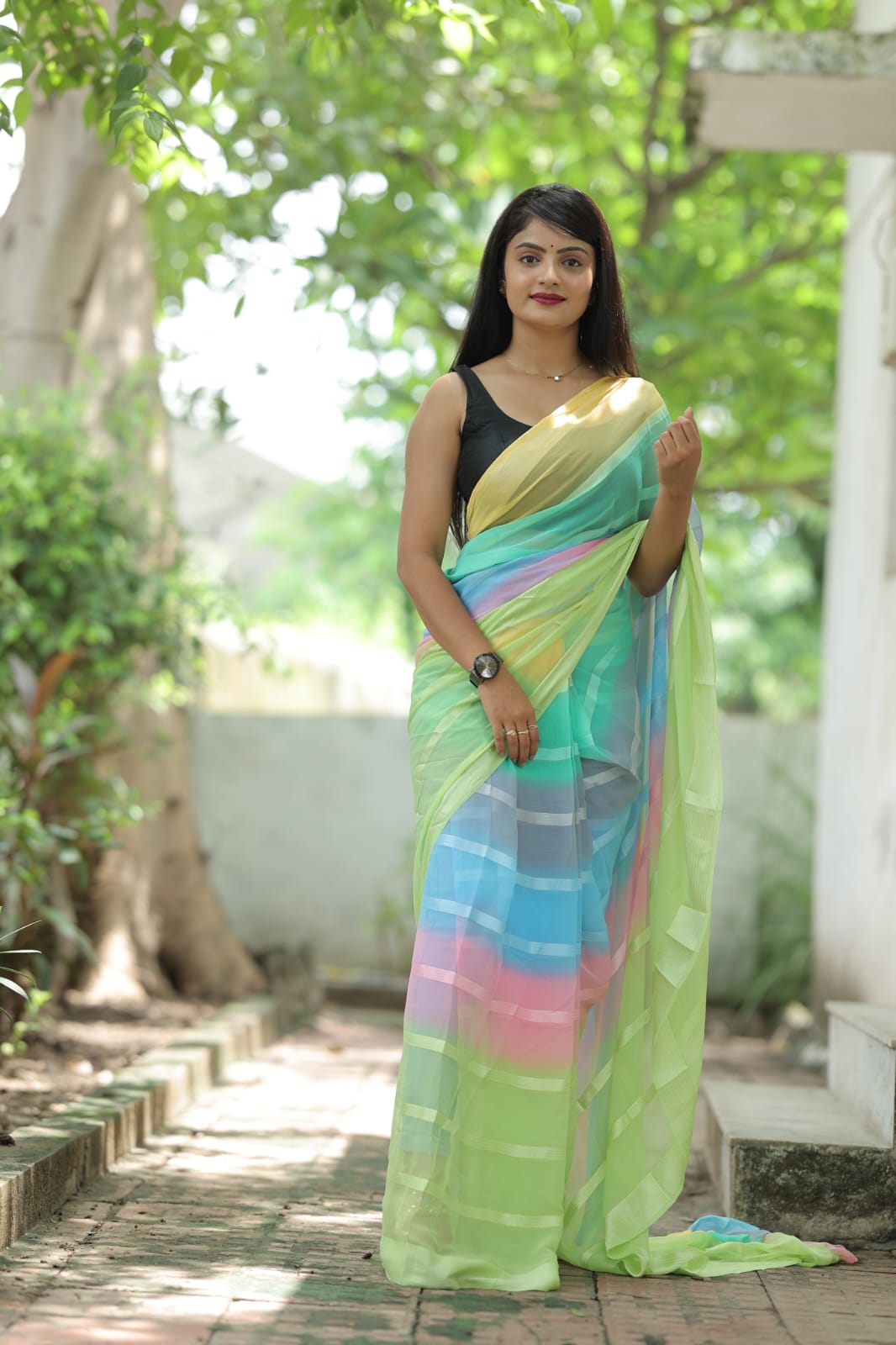 Stylish Shading Print Parrot Green Color Ready To Wear Saree