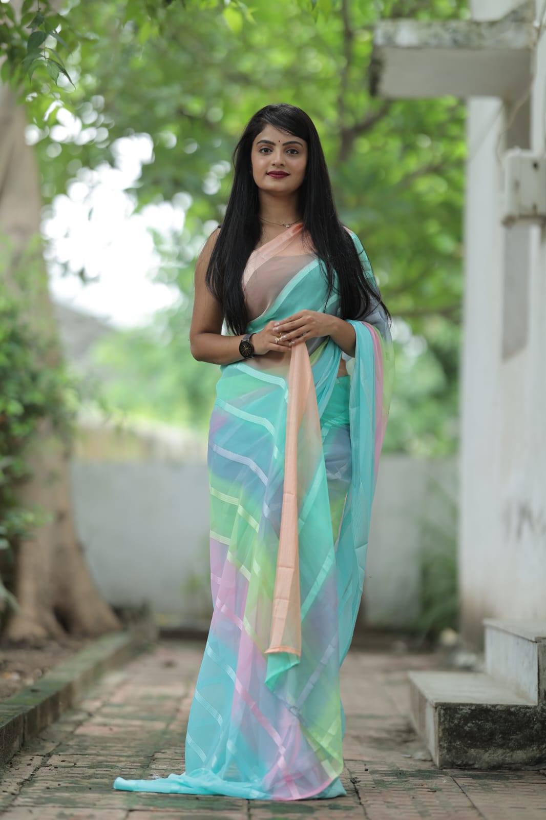 Stylish Shading Print Sky Blue Color Ready To Wear Saree