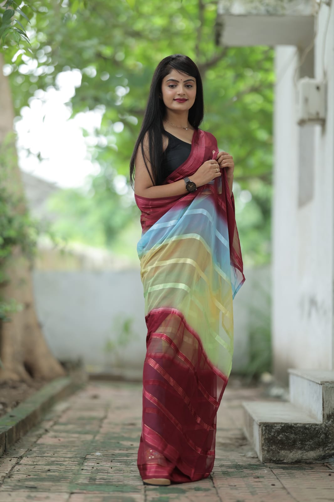 Stylish Shading Print Maroon Color Ready To Wear Saree