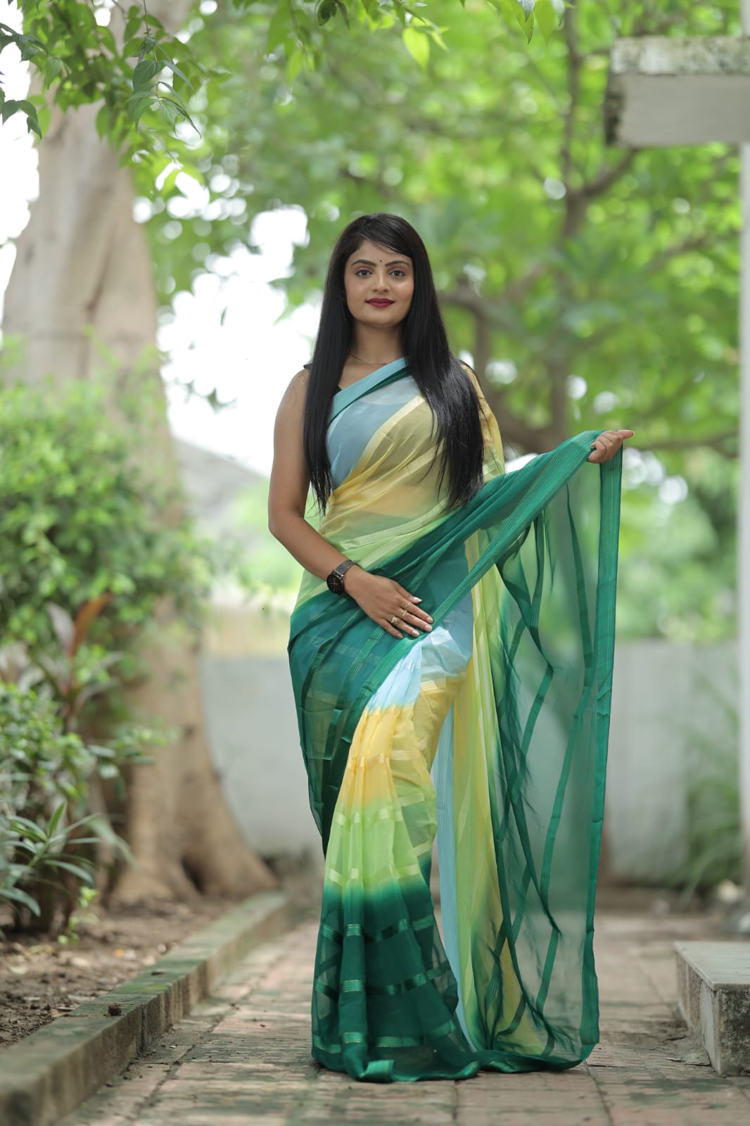 Stylish Shading Print Green Color Ready To Wear Saree