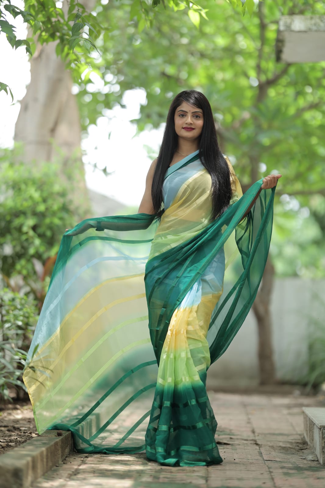 Stylish Shading Print Green Color Ready To Wear Saree