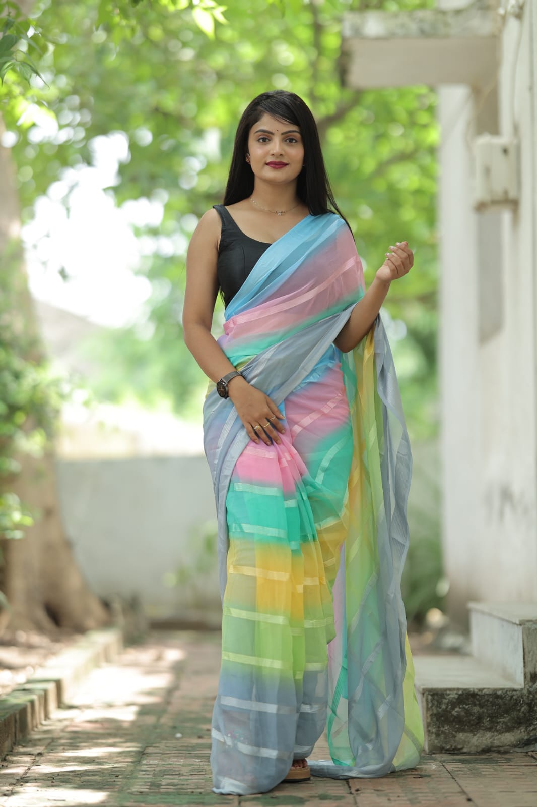 Stylish Shading Print Light Gray Color Ready To Wear Saree