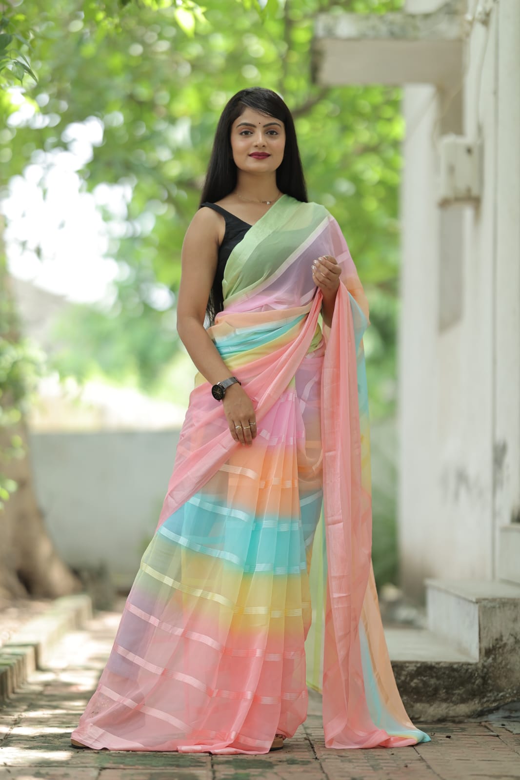 Stylish Shading Print Pink Color Ready To Wear Saree