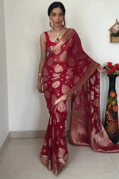 Wedding Wear Red Color Ready To Wear Saree