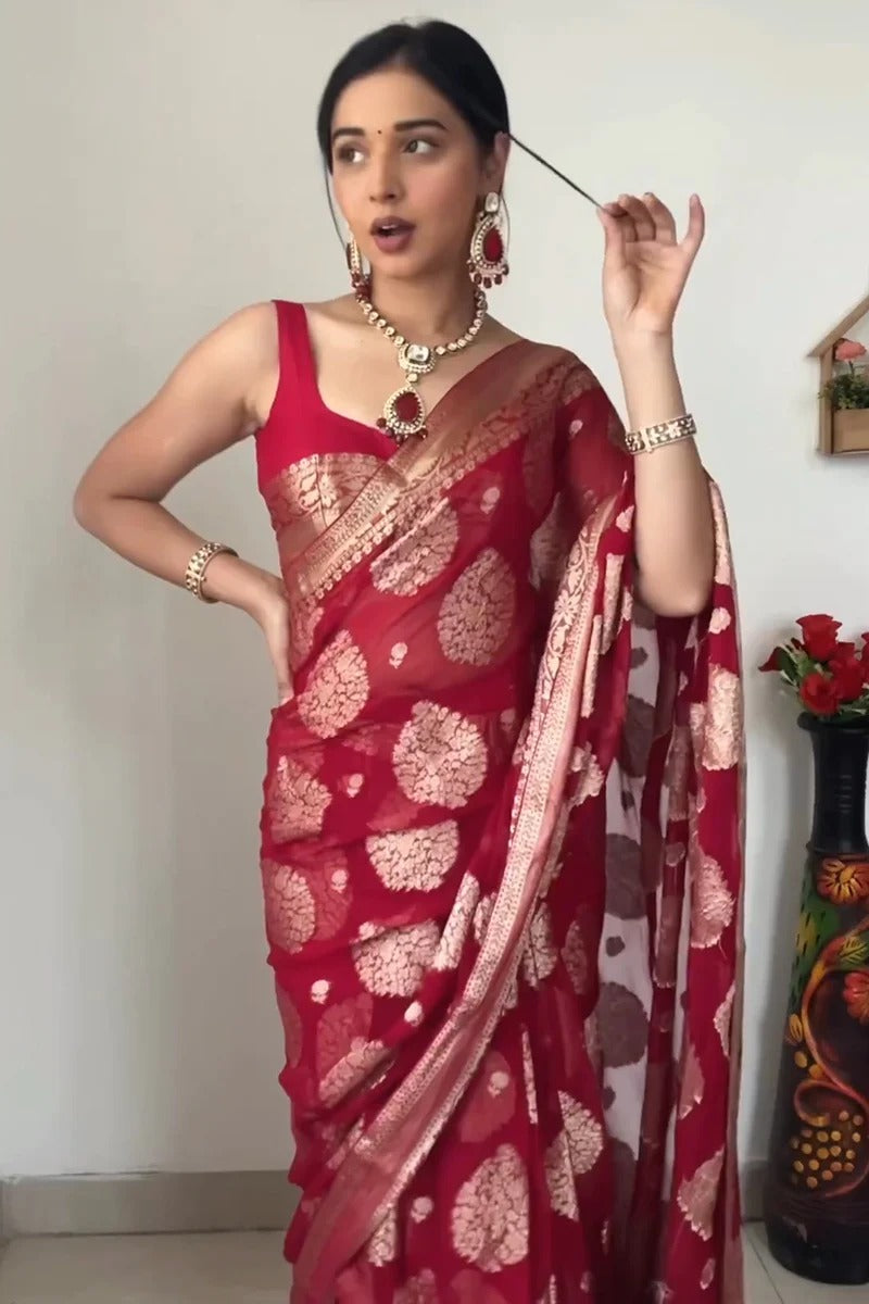 Wedding Wear Red Color Ready To Wear Saree