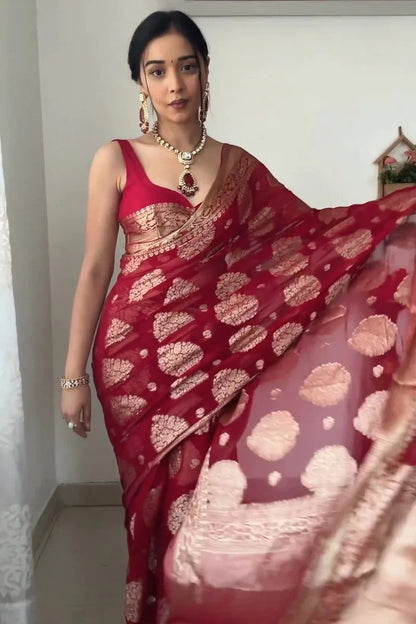 Wedding Wear Red Color Ready To Wear Saree