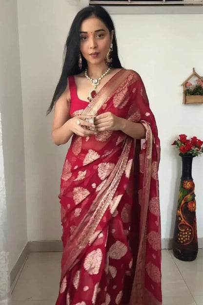 Wedding Wear Red Color Ready To Wear Saree