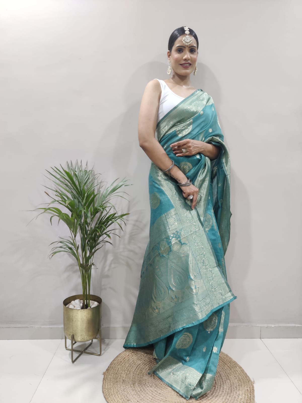 Teal Blue Ready To Wear Copper Jari Design Saree